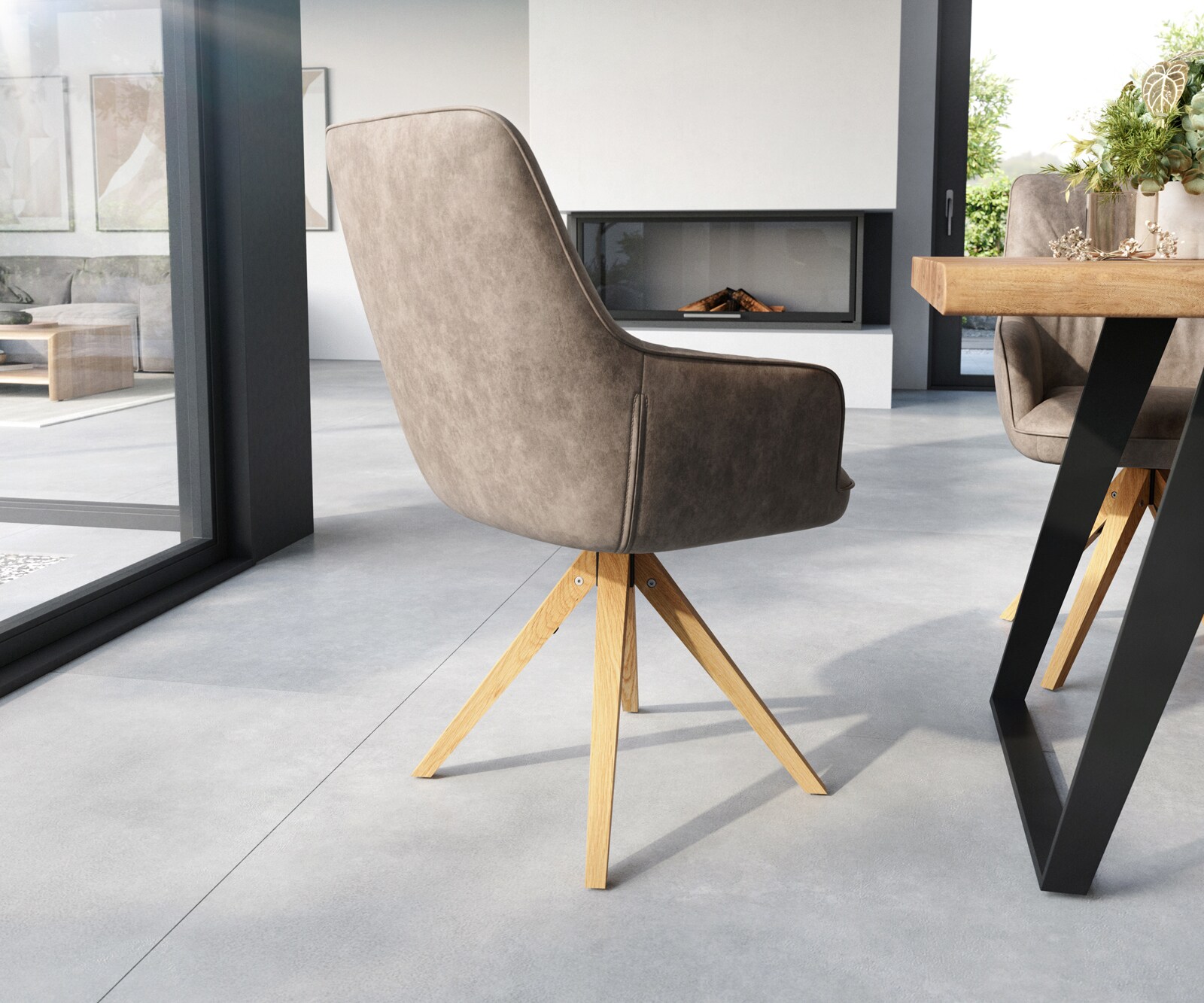 Esszimmerstuhl Zelia-Flex mit Armlehnen Mikrofaser Taupe Vintage Holzgestell kantig Natur Taschenfederkern 4 Esszimmerstuhl Zelia-Flex mit Armlehnen Mikrofaser Taupe Vintage Holzgestell kantig Natur Taschenfederkern 4