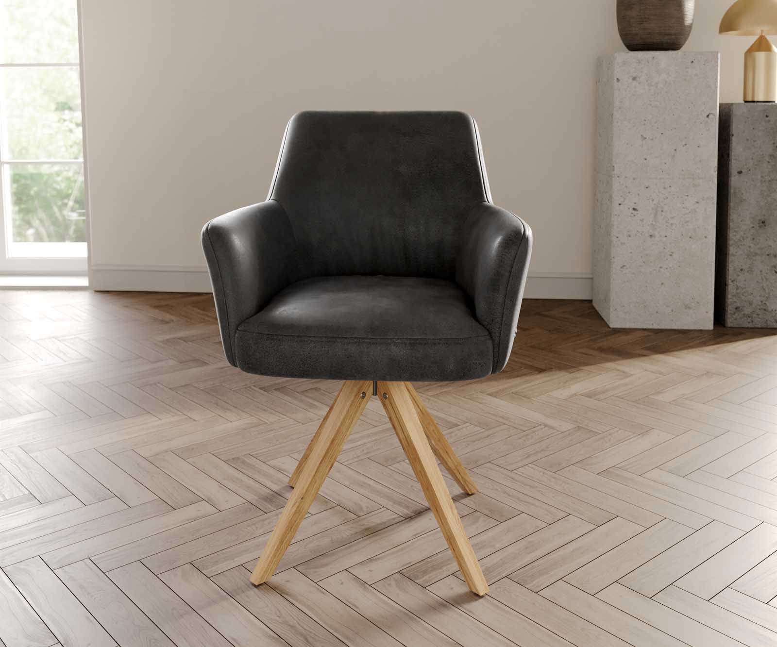 Chaise-pivotante Xana-Flex avec accoudoirs microvelours anthracite vintage pied en bois angulaire naturel pivotement sur 180° ressorts ensachés 1