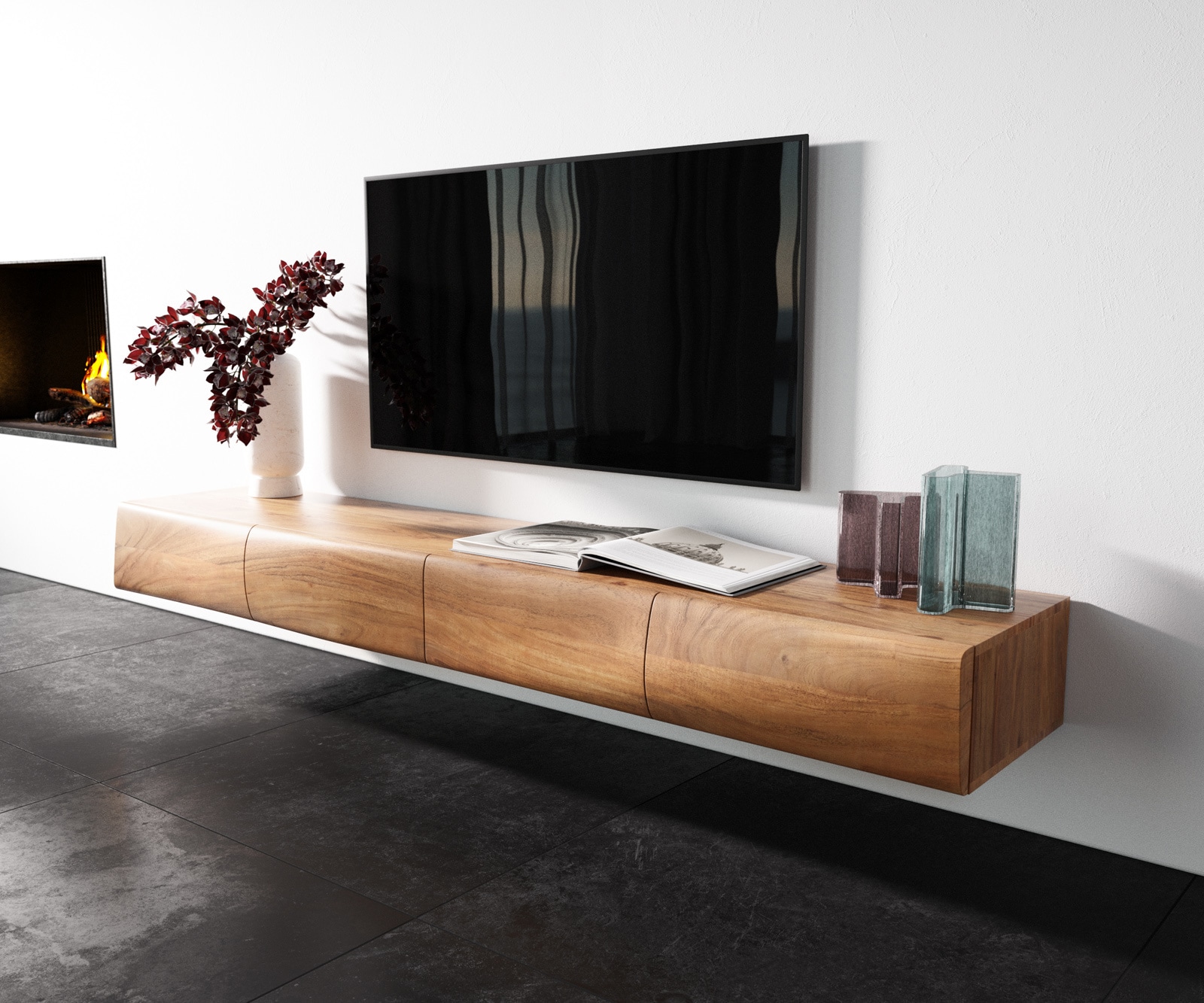 Meuble-TV  New Live-Edge 200 cm acacia naturel 4 portes flottantes Meuble-TV  New Live-Edge 200 cm acacia naturel 4 portes flottantes