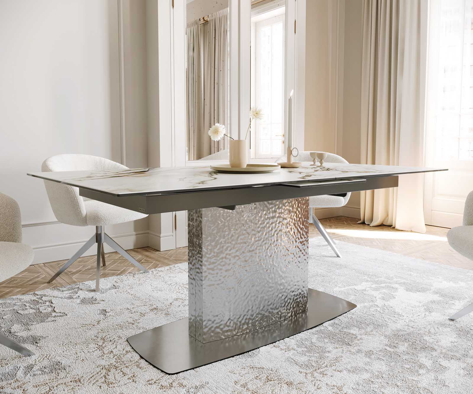 Esstisch Edge 180-220x100 Keramik Calacatta Luxe Weiß-Gold-Grau Wave Edelstahl ausziehbar 6