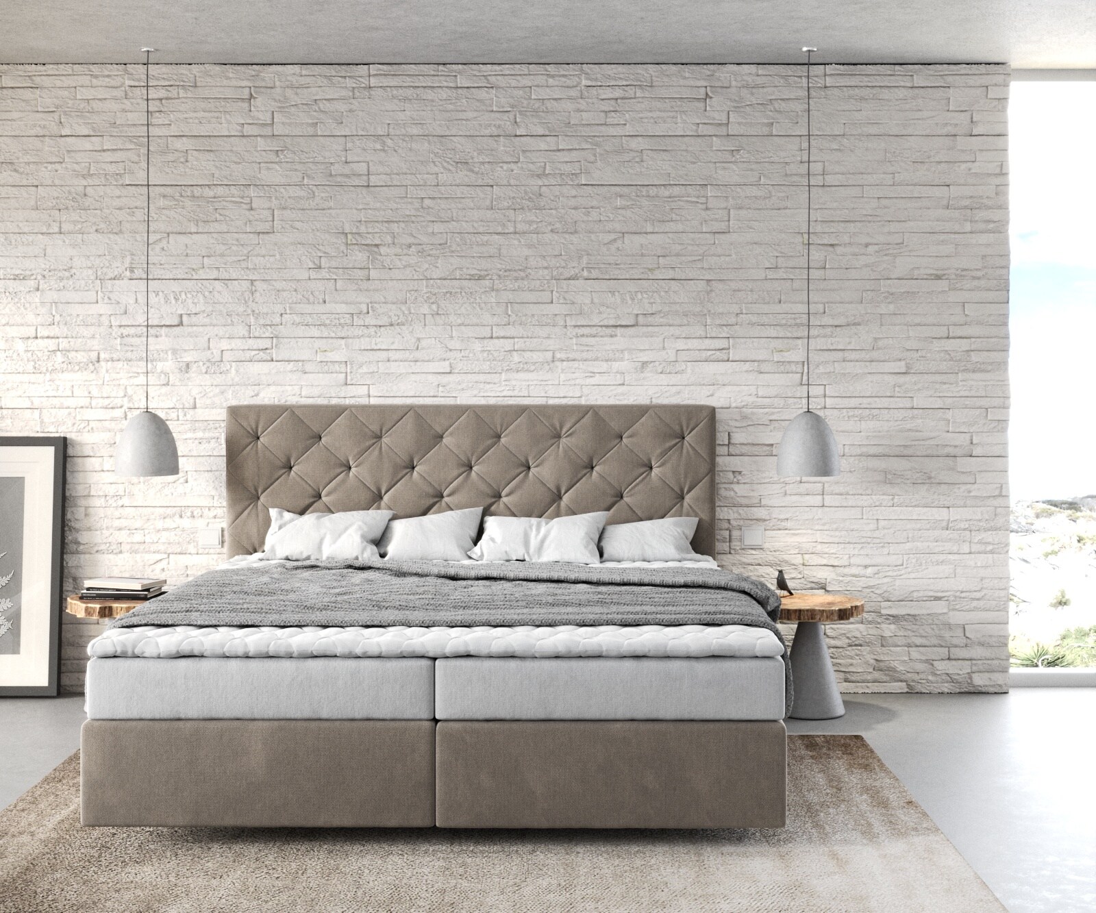 Boxspringbett Dream-Great 180x200 cm Mikrofaser Beige mit Matratze und Topper 1