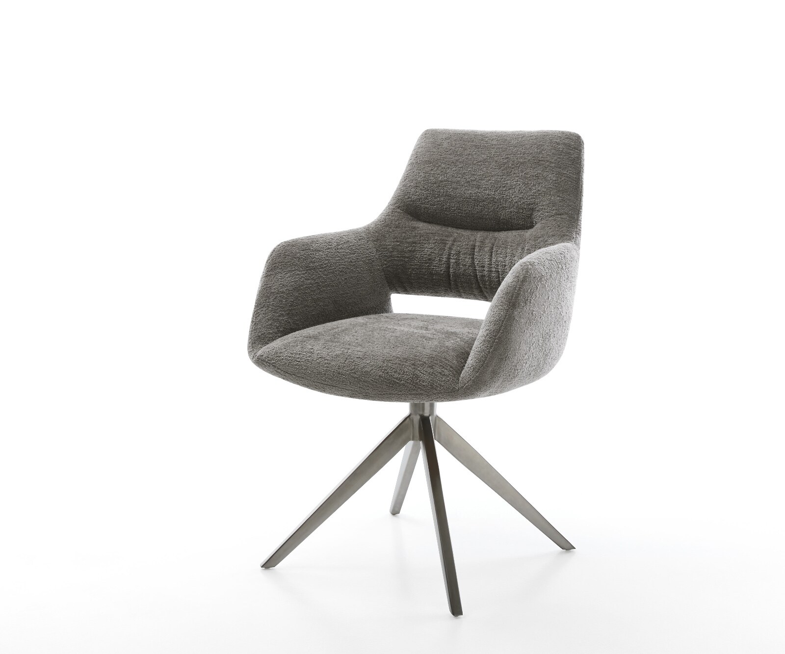 Chaise-pivotante Yago-Flex avec accoudoirs bouclé doux couleur boue pied croisé large grafiete pivotement sur 360° fonction bascule resorts ensachés