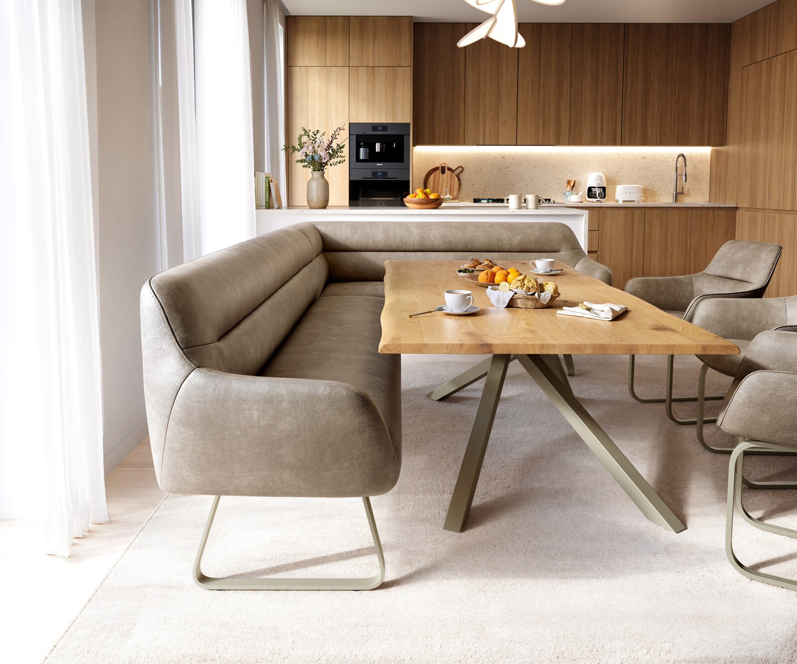 Esszimmerbank Taya-Flex 285x190 cm Mikrofaser Beige Vintage Kufengestell flach Effektfinish Titan Taschenfederkern Rechts 2