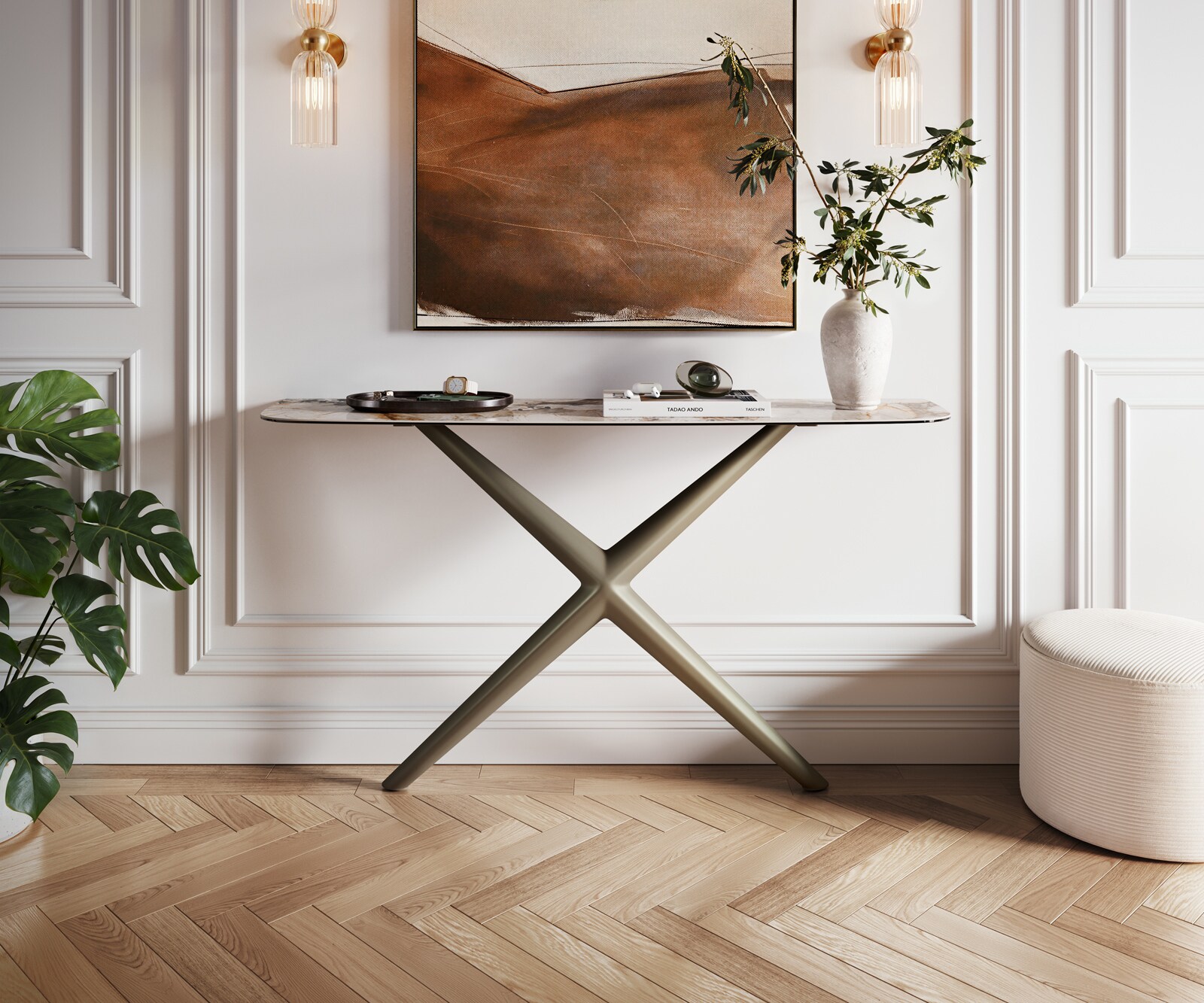 Console Edge forme bateau 140x40 cm Céramique Patagonia Poliert Estelo Métal Effektfinish Titan