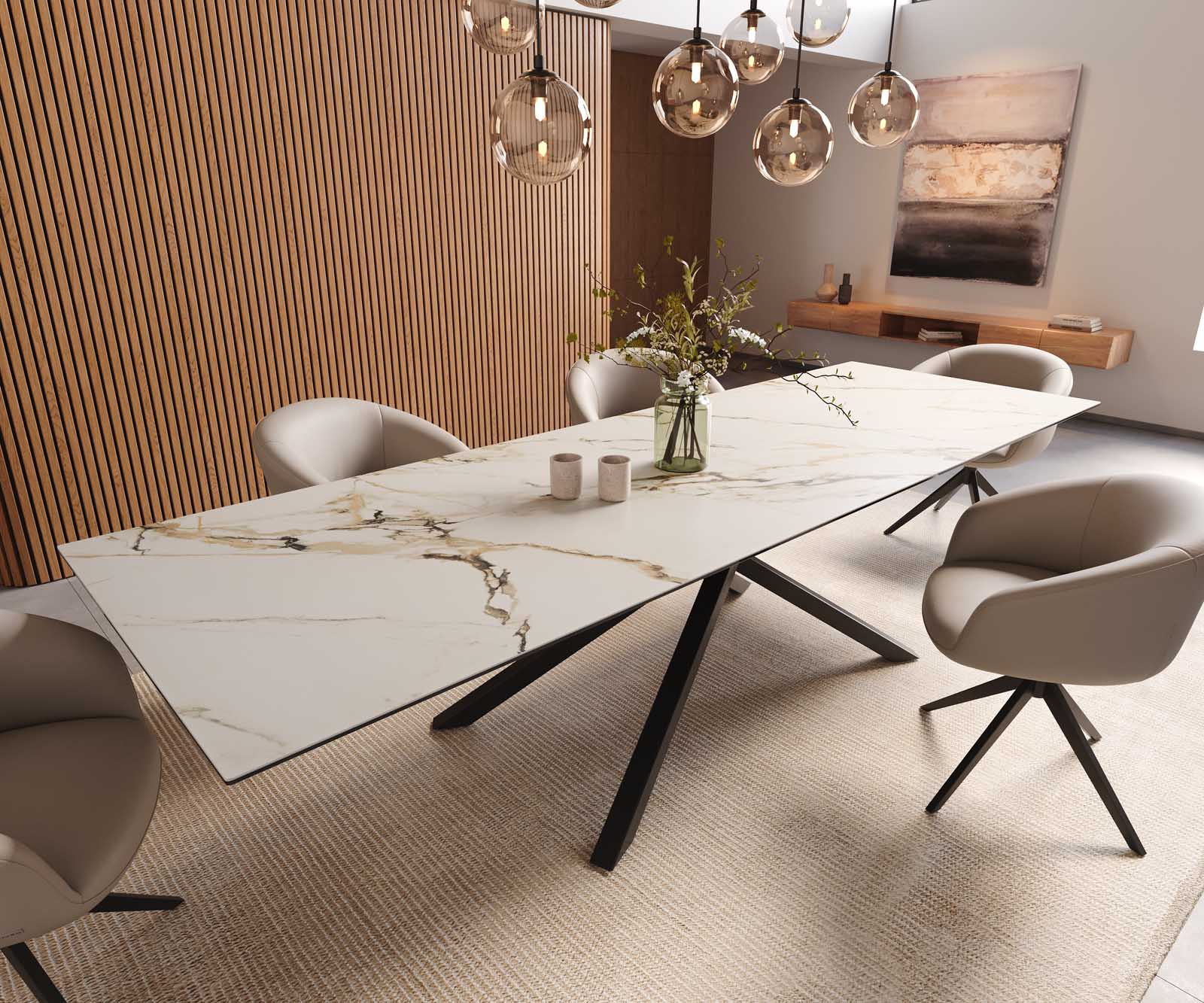 Esstisch Edge 300x100 Keramik Calacatta Luxe Weiß-Gold-Grau Kreuzgestell Rechteck Schwarz 1