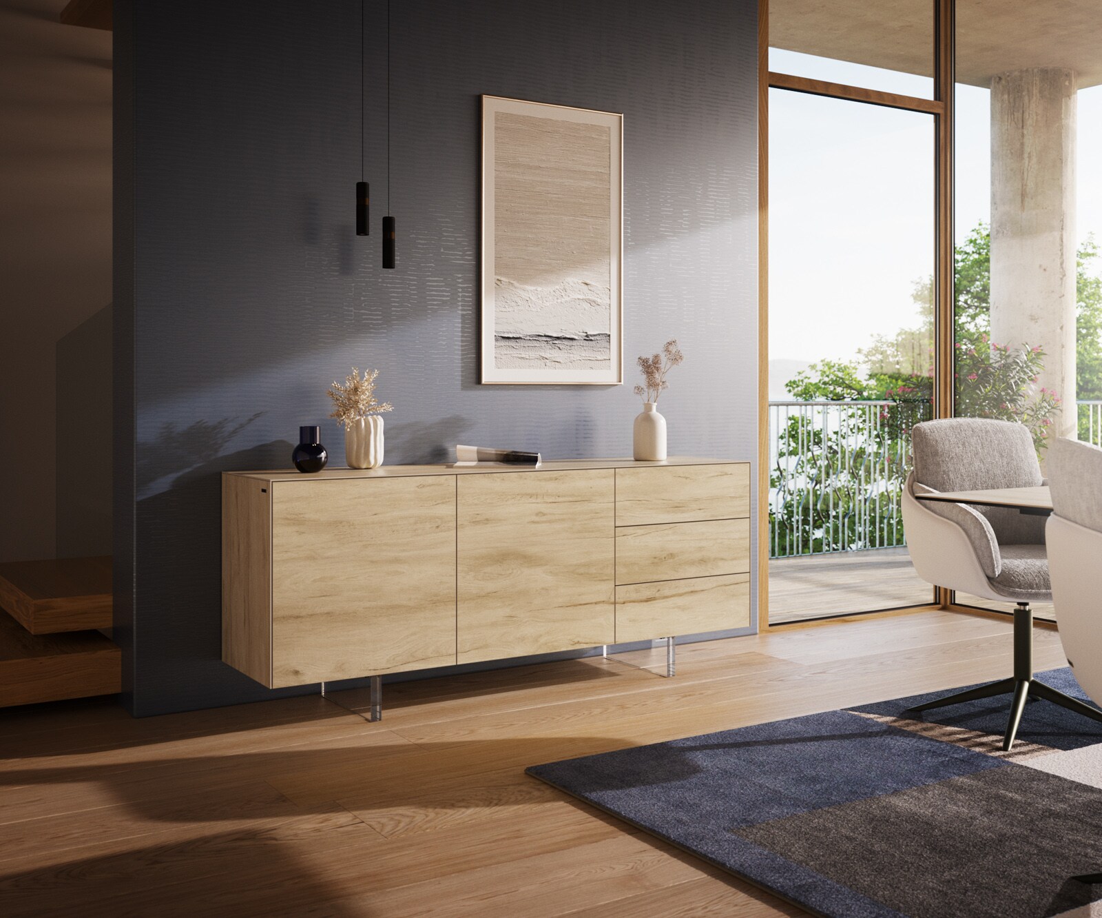Sideboard Cuor 180 cm Keramik Laminam® Sabbia Eichefarbig 2 Türen 3 Schubfächer Fuß Schwebeoptik Acrylglas 1