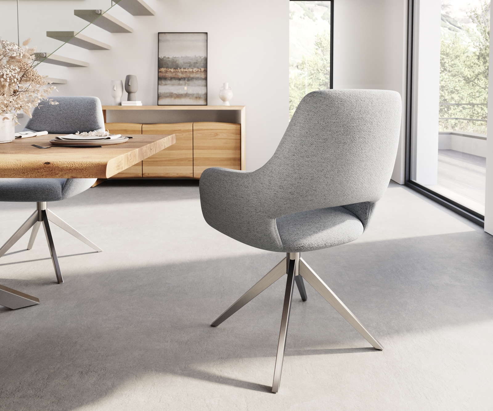 Esszimmerstuhl Yago-Flex mit Armlehnen Strukturstoff Hellgrau Kreuzgestell breit Edelstahl Taschenfederkern 4 Esszimmerstuhl Yago-Flex mit Armlehnen Strukturstoff Hellgrau Kreuzgestell breit Edelstahl Taschenfederkern 4