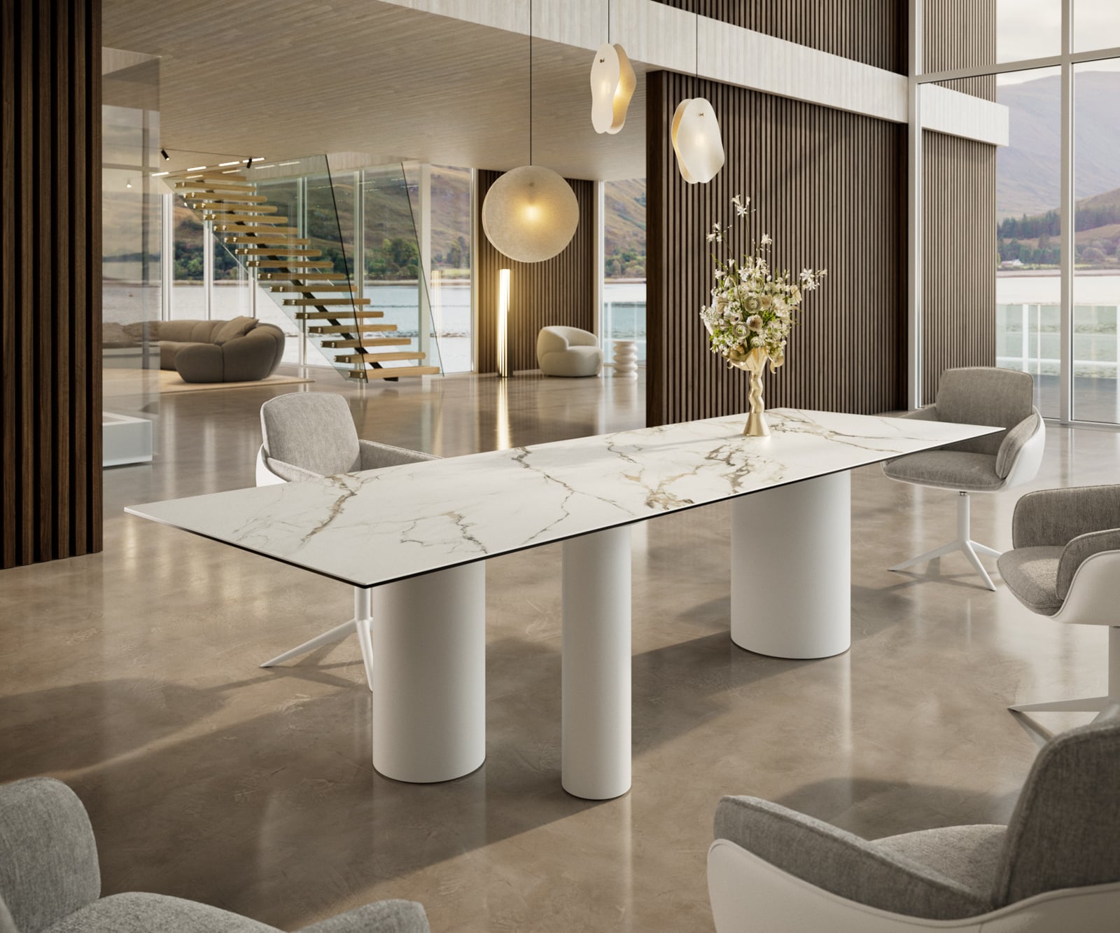 Esstisch Edge 300x100 Keramik Calacatta Luxe Weiß-Gold-Grau Troa Metall Weiß 1 Esstisch Edge 300x100 Keramik Calacatta Luxe Weiß-Gold-Grau Troa Metall Weiß 1