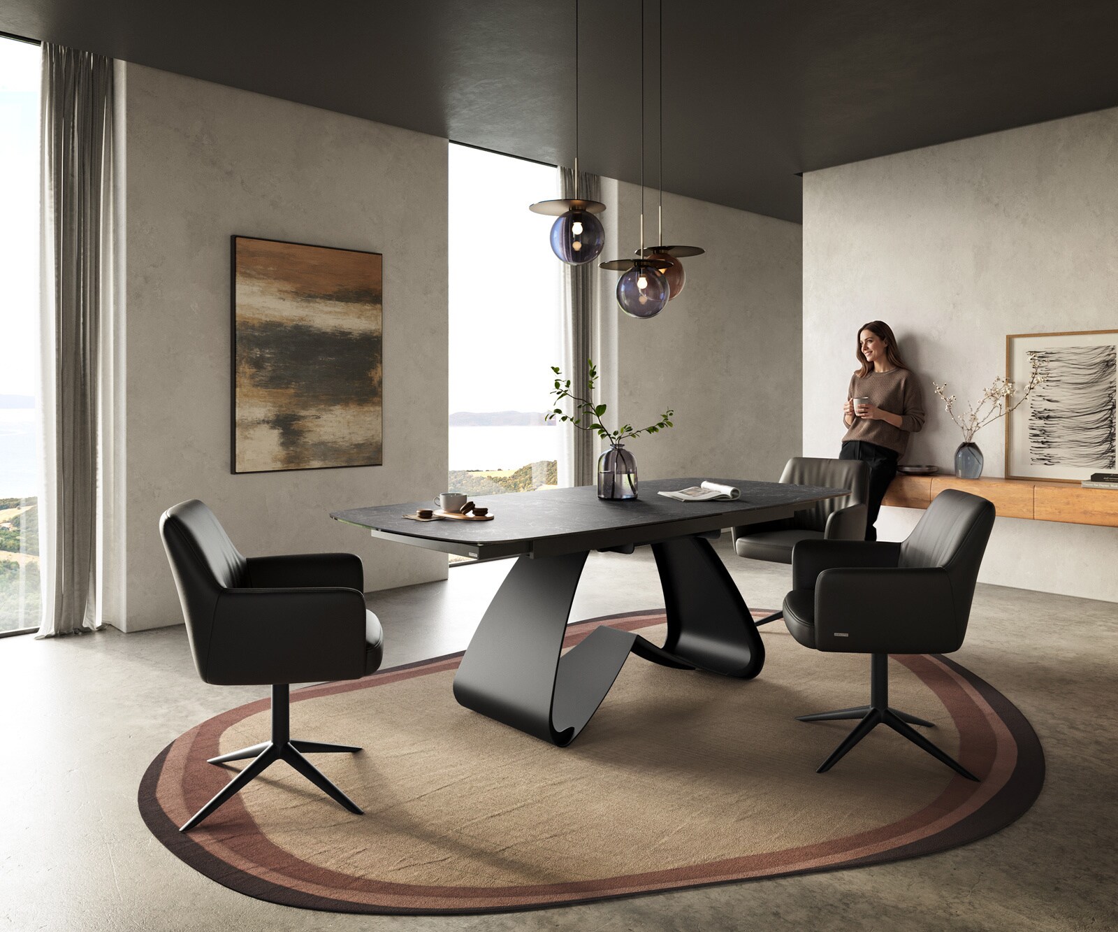 Esstisch Edge Boot 180-220x100 cm Keramik Laminam® Nero Greco Anthrazit W-Gestell Metall Schwarz ausziehbar 5