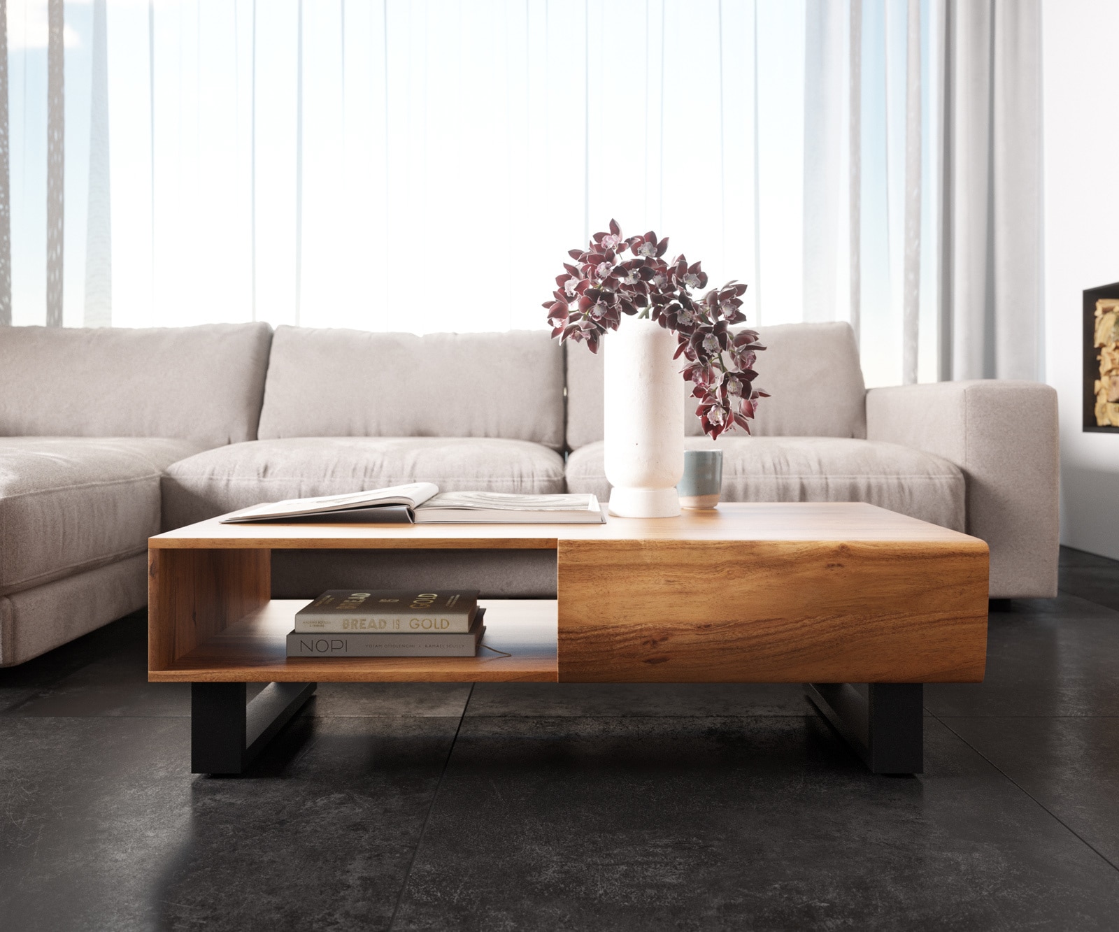 Table-basse New Live-Edge 115x60 cm acacia naturel 2 tiroirs 1 compartiment patin métal noir 1 Table-basse New Live-Edge 115x60 cm acacia naturel 2 tiroirs 1 compartiment patin métal noir 1