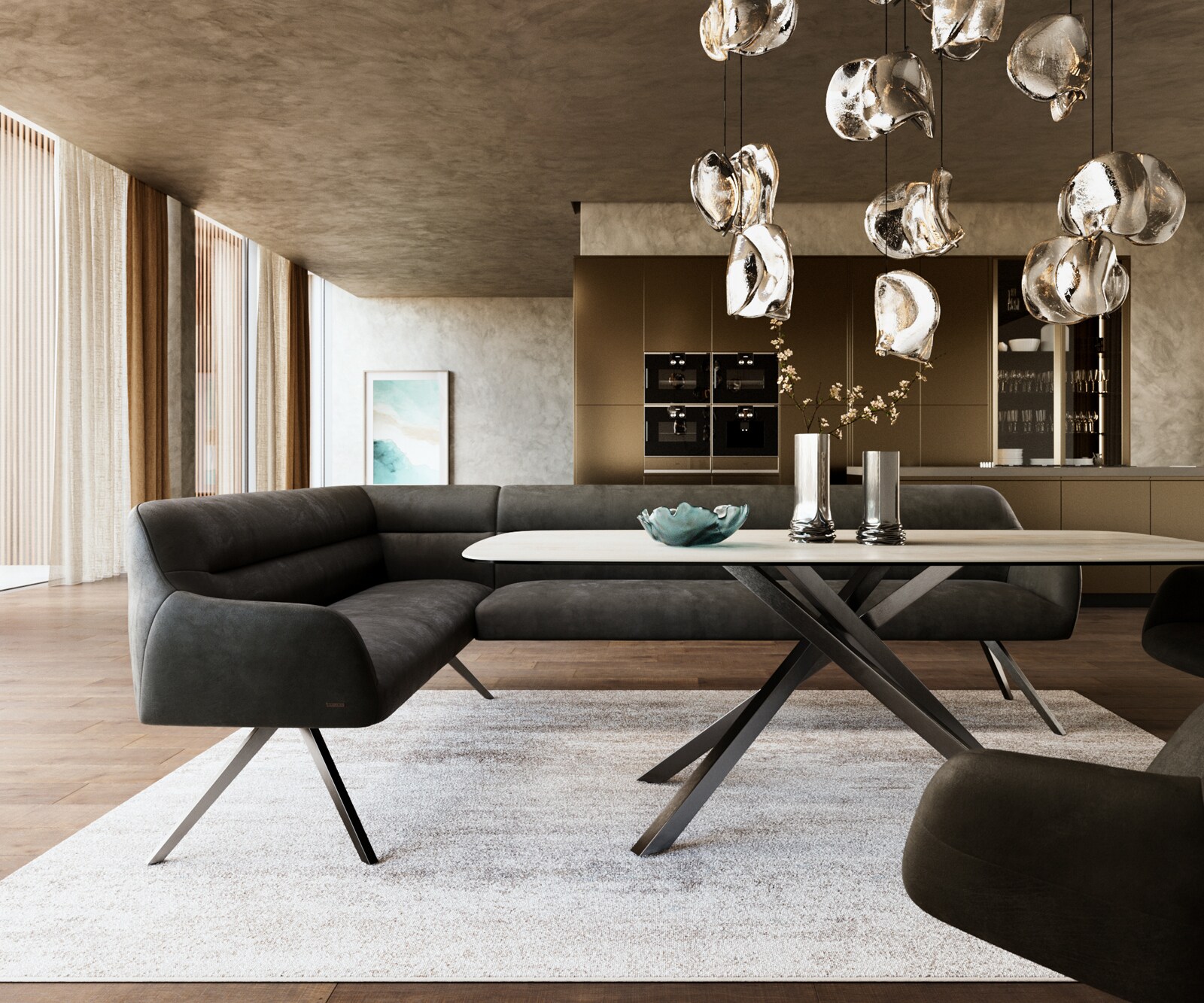 Banc-de-salle-à-manger Taya-Flex 285x190 cm microfibre antracite vintage pied croisé angulaire grafiete ressort ensaché à droite 2