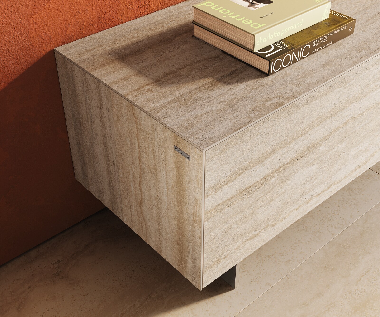 Lowboard Cuor 220 cm Keramik Laminam® Travertino Bianco Creme-Weiß 1 Klappe 2 Schubfächer Fuß Schwebeoptik Edelstahl 5