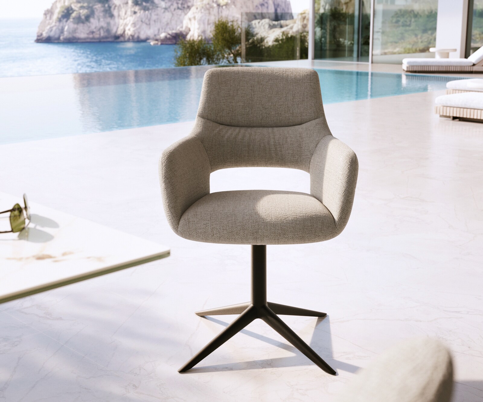 Chaise-d'extérieur Yago-Flex avec accoudoirs tissu texturé gris-blanc pied de chaise 4 branches noir pivotement sur 360° fonction bascule 1