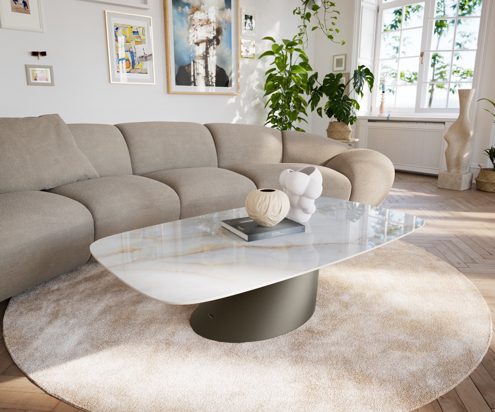 Couchtisch Edge Boot 140x80 cm Keramik Onyx Pearl Conis Metall Effektfinish Titan