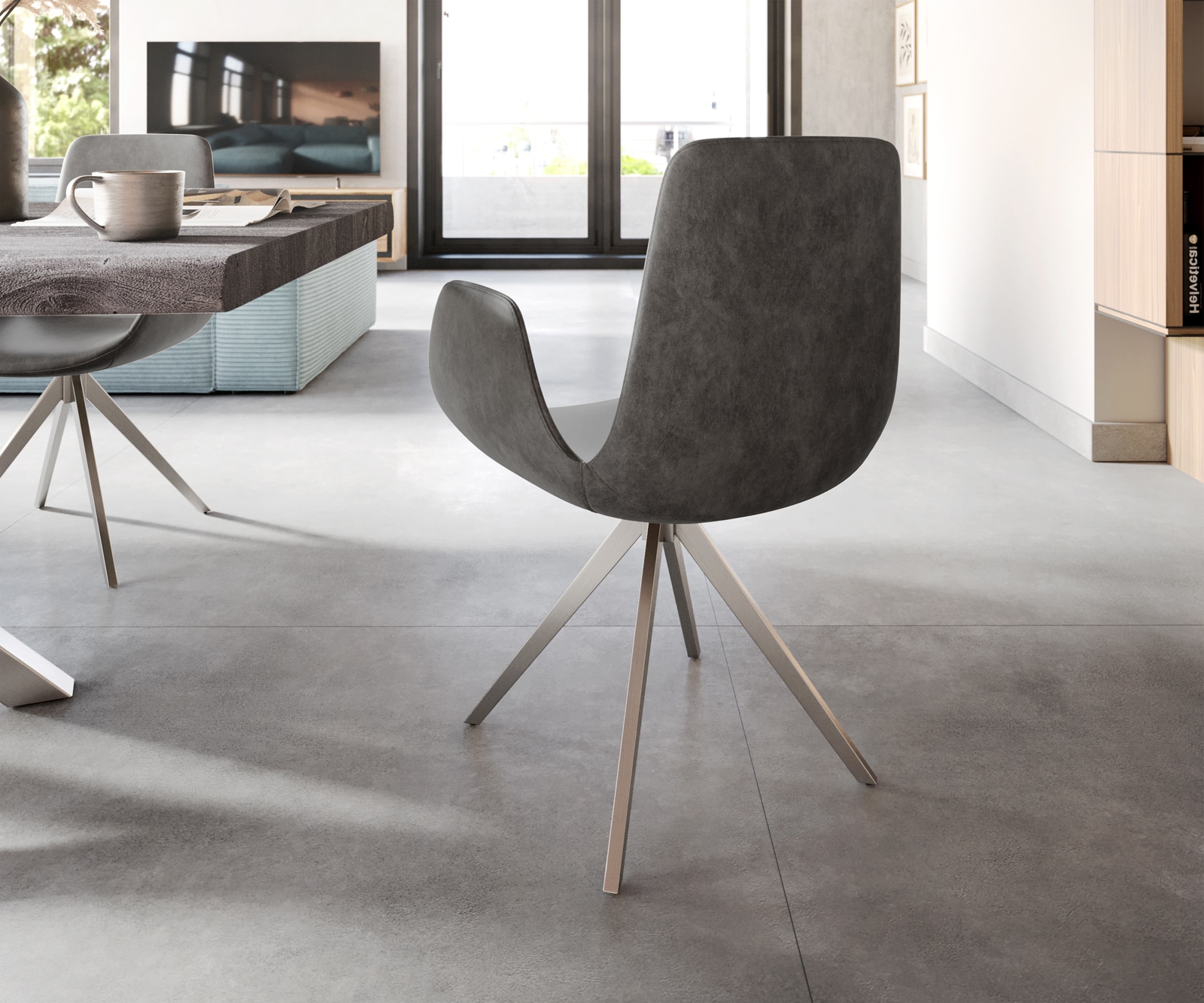 Esszimmerstuhl Ilia-Flex mit Armlehnen Mikrofaser Anthrazit Vintage Kreuzgestell kantig Edelstahl 5 Esszimmerstuhl Ilia-Flex mit Armlehnen Mikrofaser Anthrazit Vintage Kreuzgestell kantig Edelstahl 5