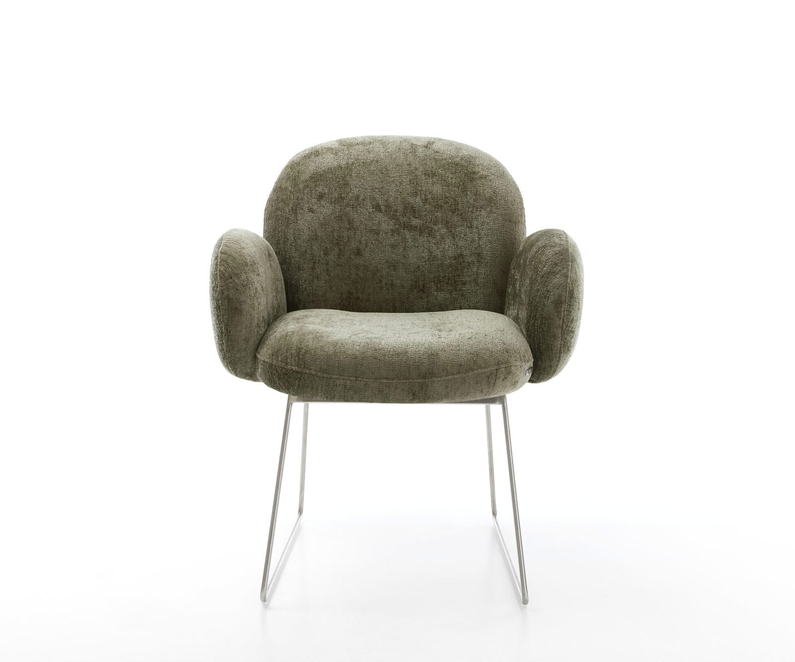 Chaise-de-salle-à-manger Nube-Flex avec accoudoirs chenille olive pied trapèze acier inoxydable brossé ressorts ensachés 2