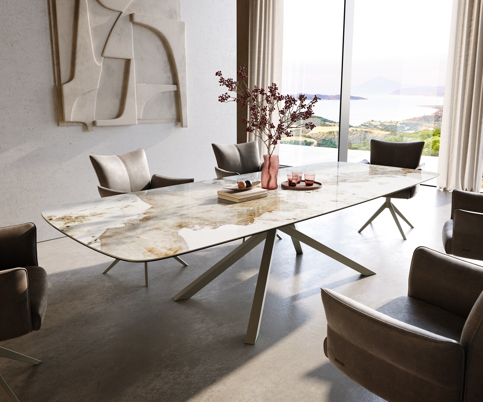 Esstisch Edge Boot 300x120 cm Keramik Minas Melange Weiß-Beige Kreuzgestell Rechteck Effektfinish Titan