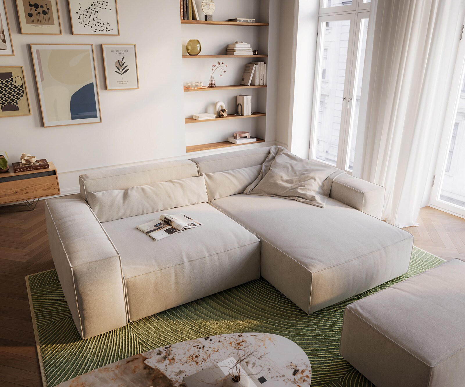 Canapé d'angle Sirpio XL 270x170 cm Tissu texturé doux Beige Méridienne modulable avec pouf 3