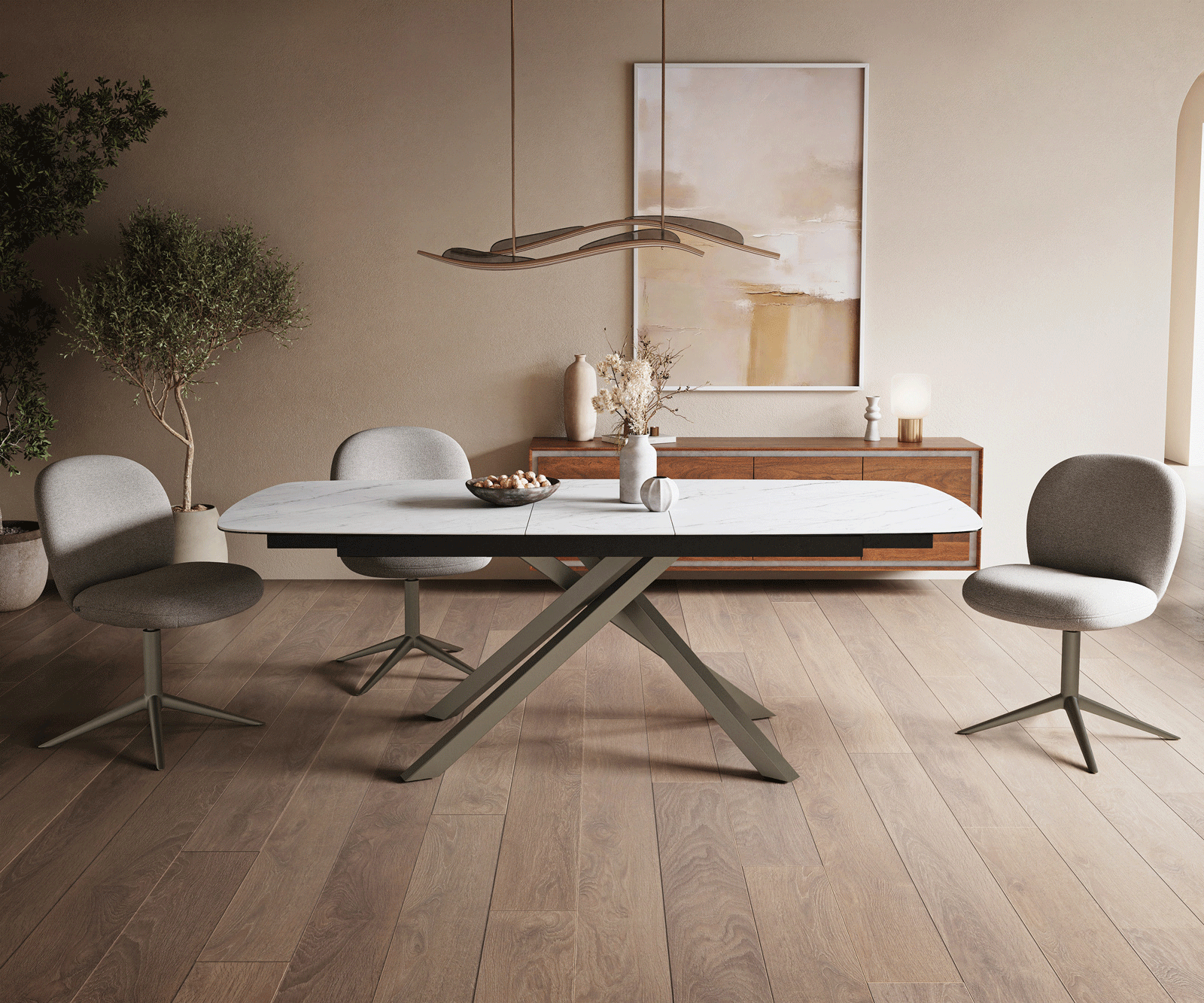 Esstisch Edge Boot 180-220x100 cm Keramik Laminam® Statuarietto Weiß Kreuzgestell Rechteck Effektfinish Titan ausziehbar 1