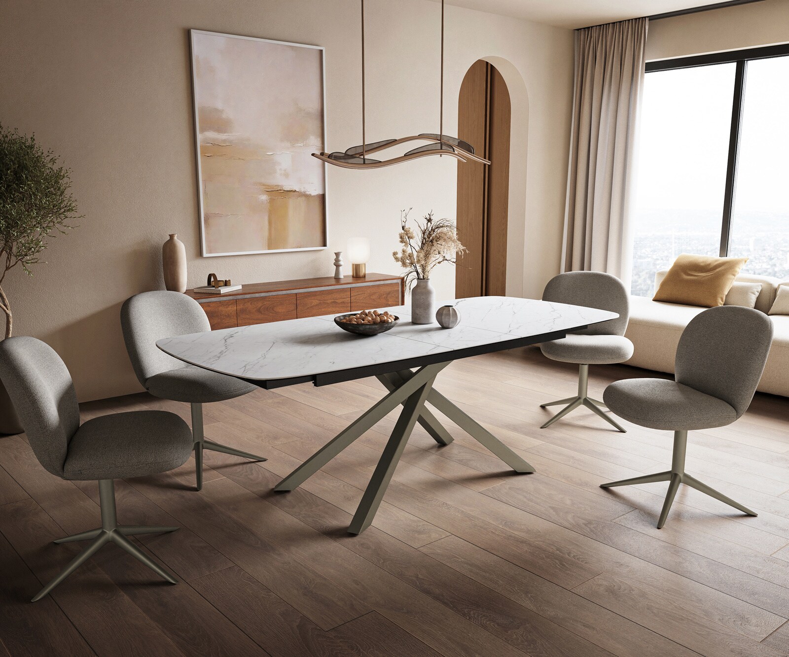 Esstisch Edge Boot 180-220x100 cm Keramik Laminam® Statuarietto Weiß Kreuzgestell Rechteck Effektfinish Titan ausziehbar 5