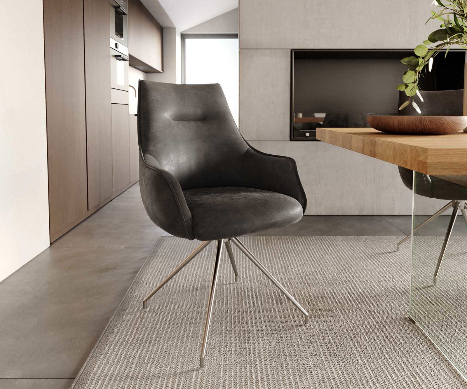 Chaise-pivotante Alja-Flex avec accoudoirs anthracite vintage pied croisé conique acier inoxydable ressorts ensachés pivote sur 180°