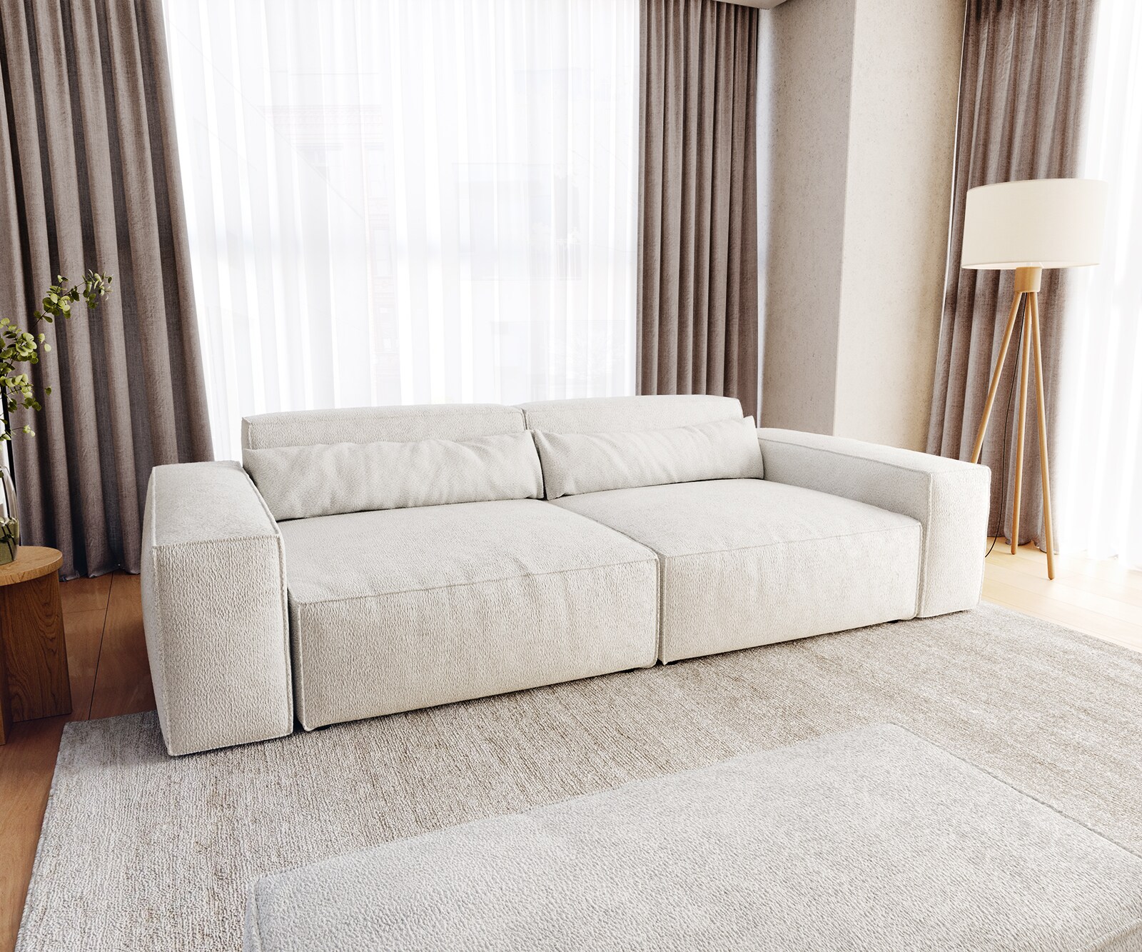 Grand Canapé Sirpio XL 270x130 cm Bouclee Crème-blanc avec Tabouret 1