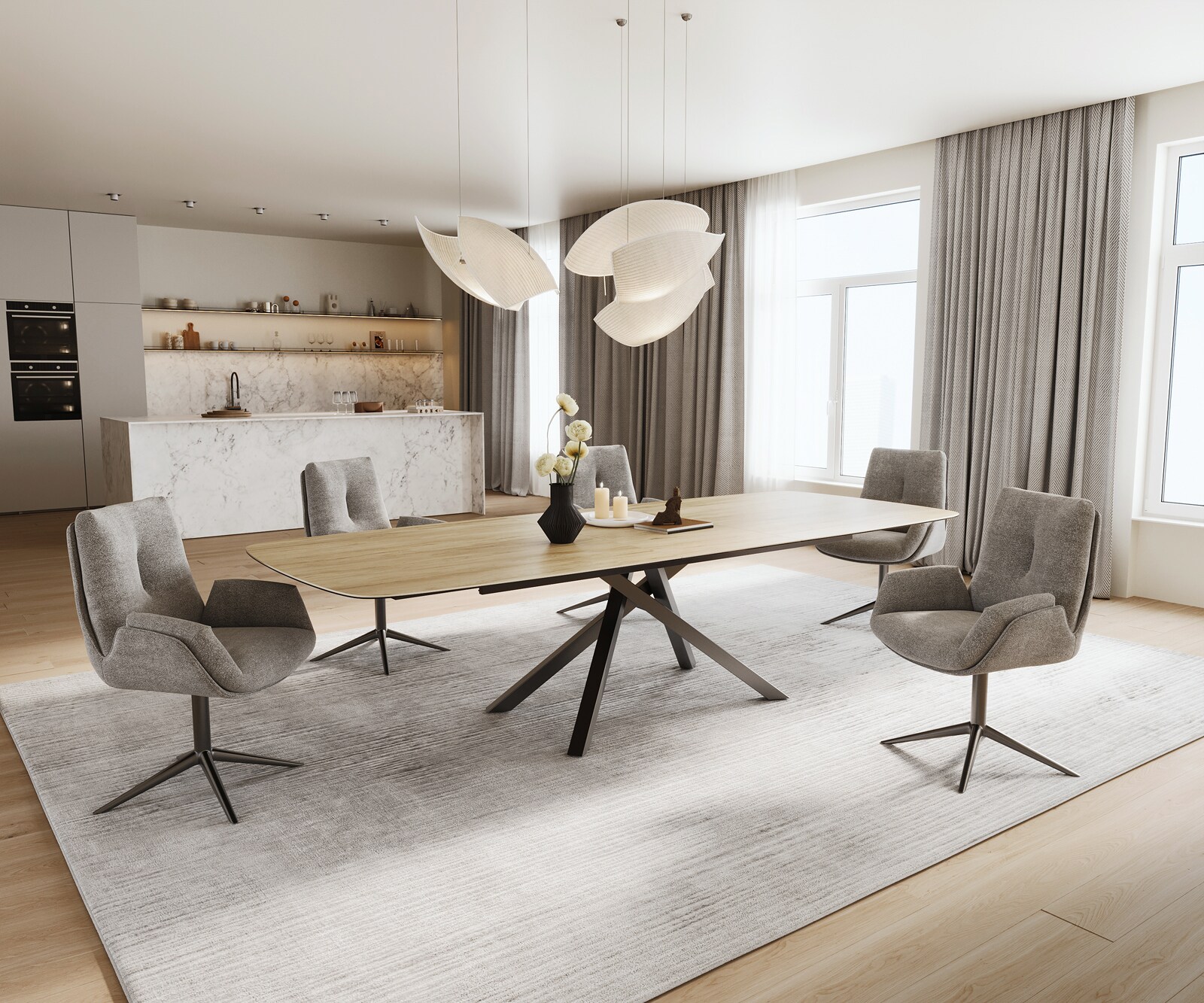 Esstisch Edge Boot 240-300x120 cm Keramik Laminam® Sabbia Eichefarbig Kreuzgestell Rechteck Edelstahl Graphit ausziehbar 6