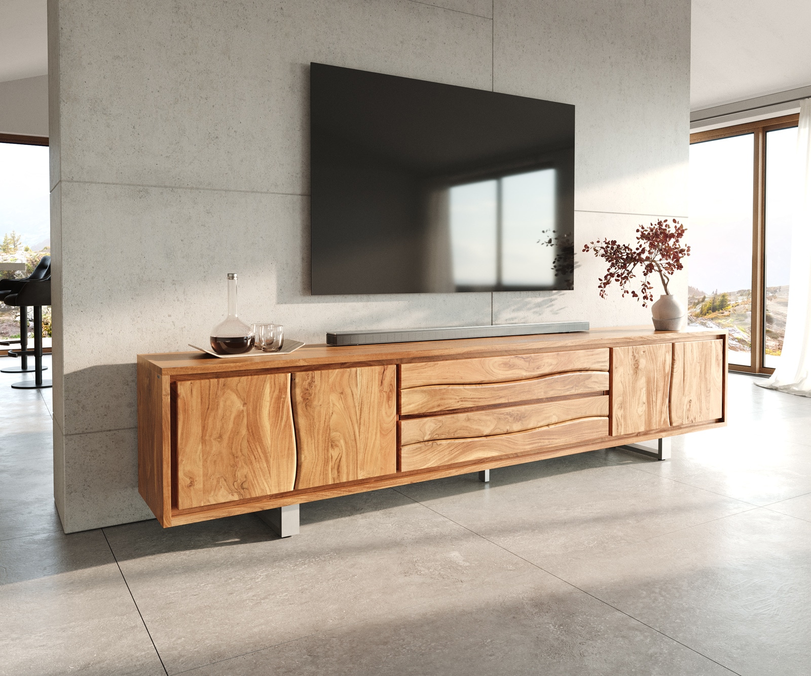 Fernsehtisch Live-Edge Akazie 4 Türen Baumkante Lowboard 2 Fernsehtisch Live-Edge Akazie 4 Türen Baumkante Lowboard 2