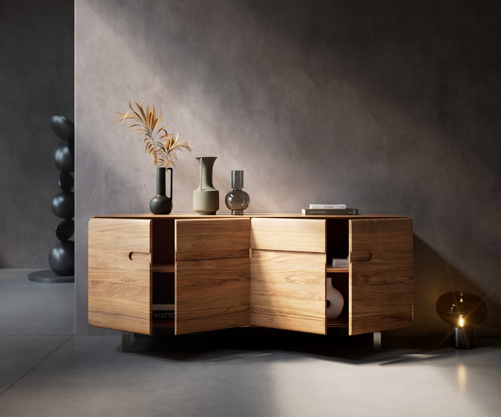 Sideboard Anaya 175 cm Akazie Natur 4 Türen L-Fuß Edelstahl 5