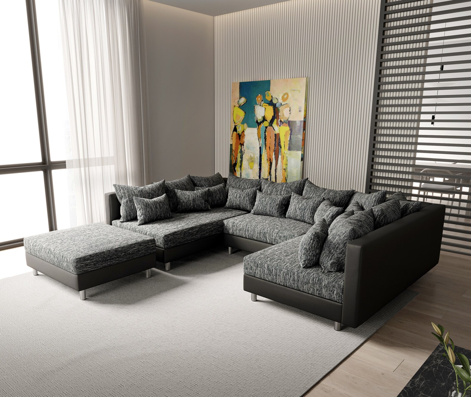 Wohnlandschaft Clovis Schwarz Modulsofa mit Hocker 