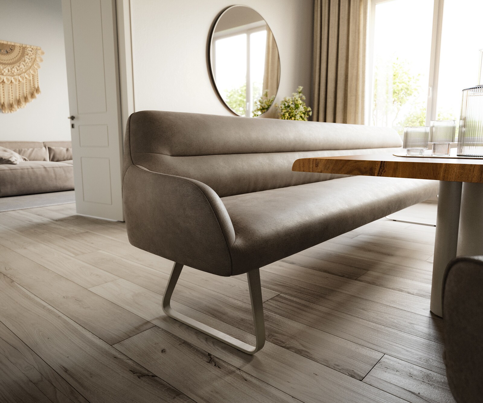 Banc-de-salle-à-manger Taya-Flex 300 cm microfibre taupe vintage châssis à patins plat titane ressort ensaché 4