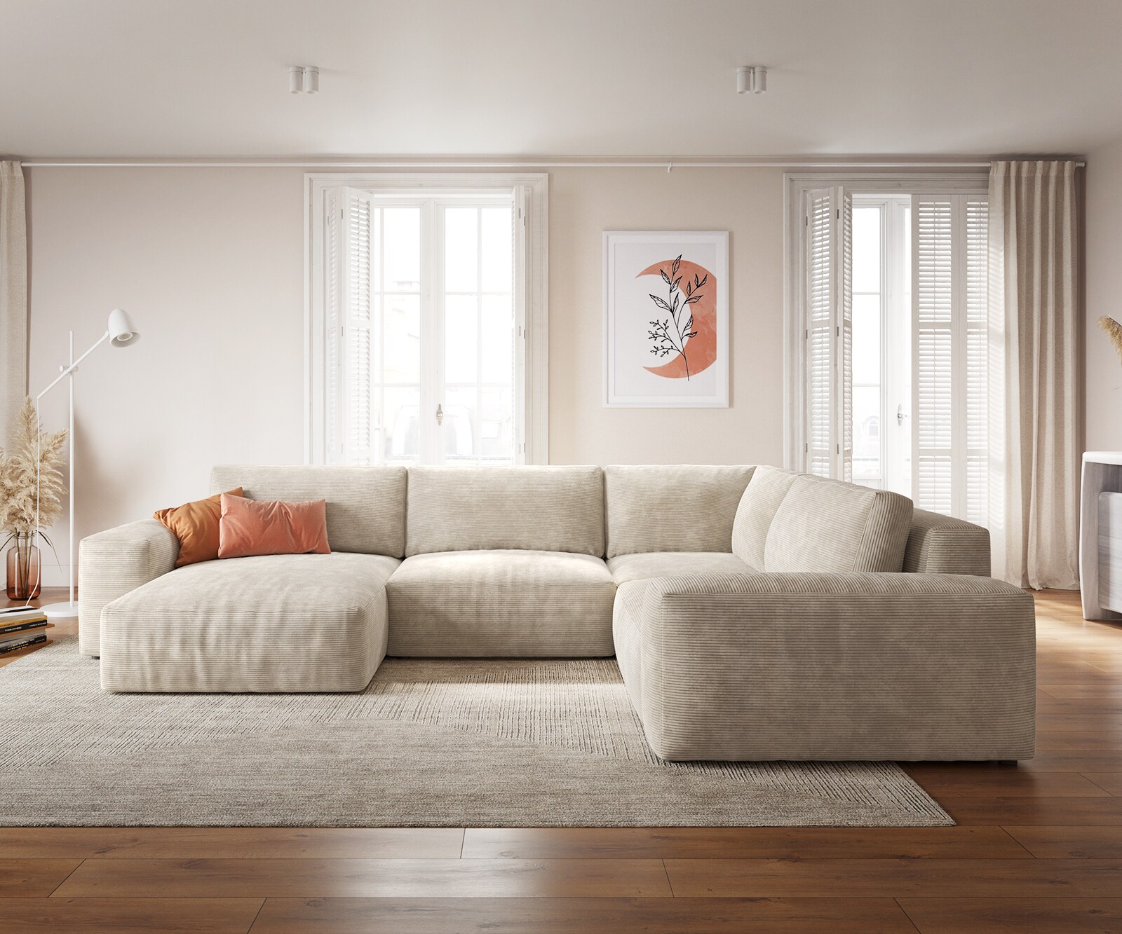 Wohnlandschaft Lanzo XL 360x260 cm Cord Beige Recamiere variabel 1