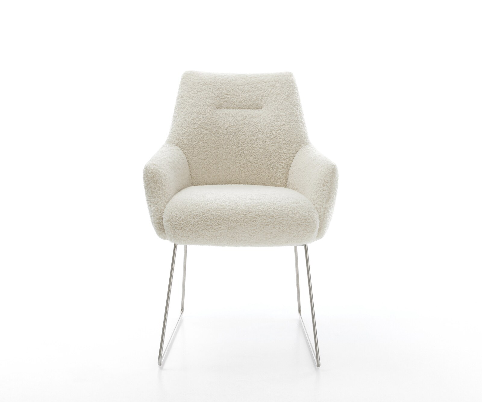 Esszimmerstuhl Alja-Flex mit Armlehnen Teddystoff Beige Kufengestell Edelstahl Taschenfederkern 2