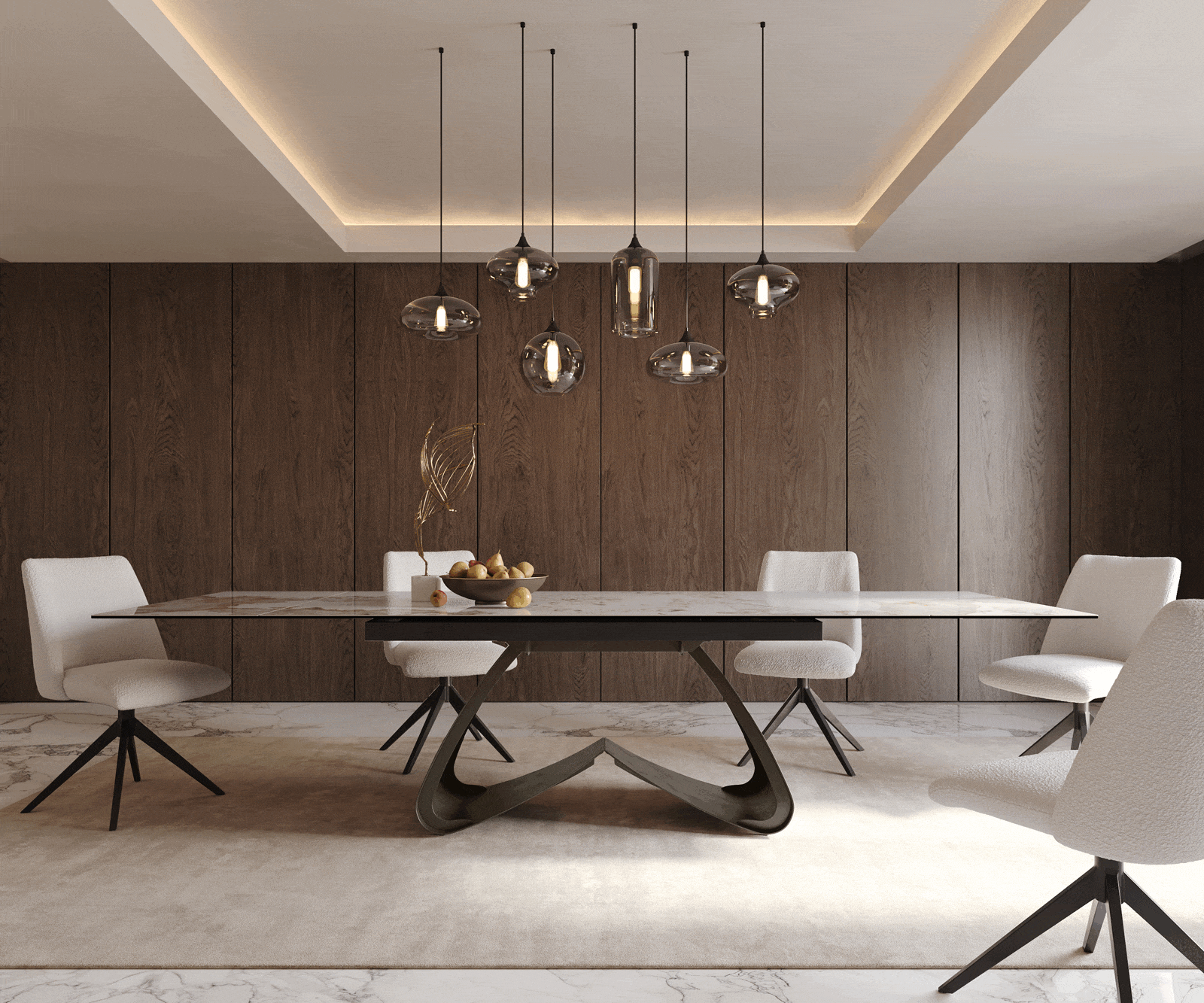 Esstisch Edge 200-300x100 Keramik Minas Melange Weiß-Beige W-Gestell Effektfinish Titan Ausziehbar 1