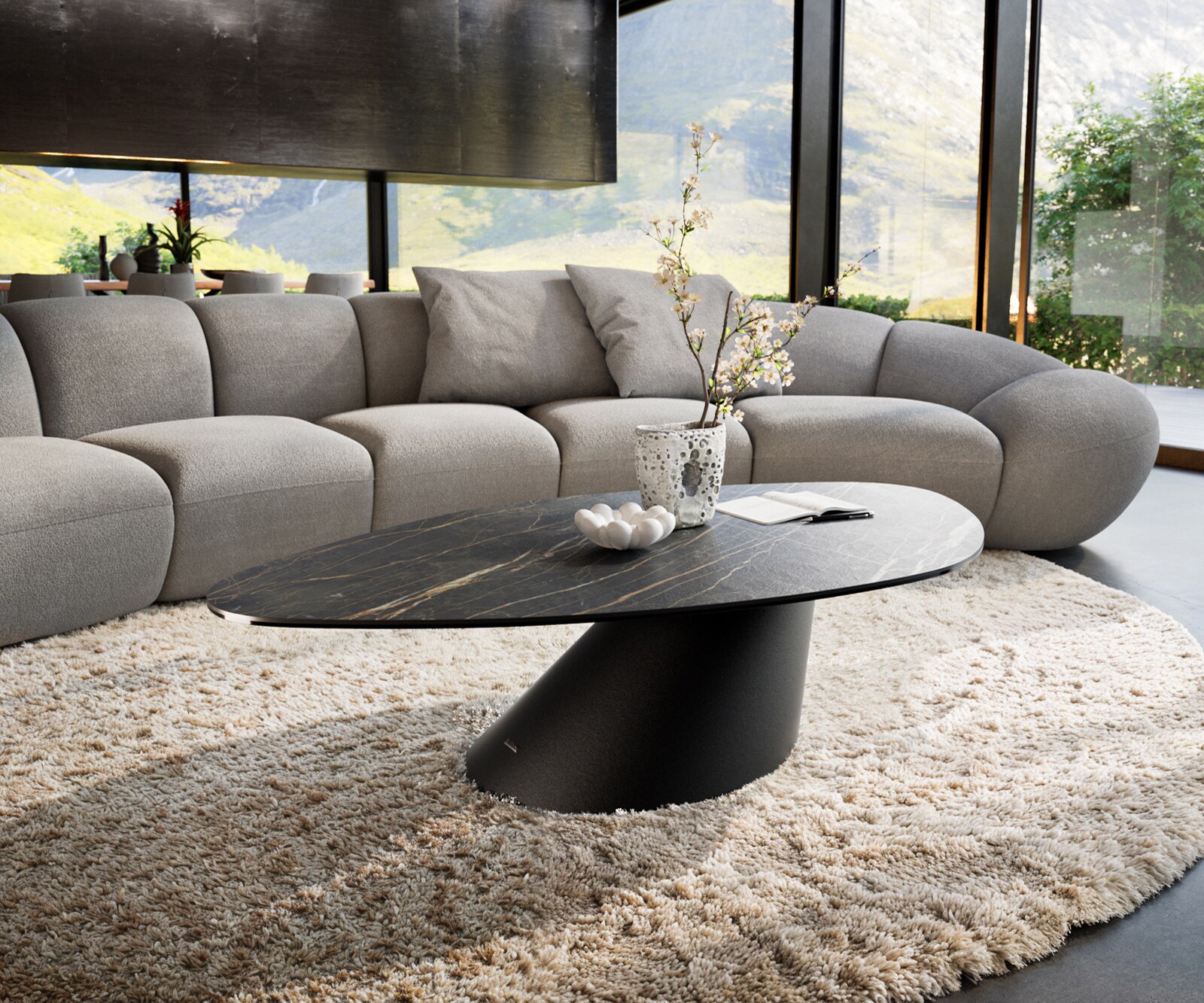 Wohnzimmertisch Edge Organisch 140x76 cm Keramik Laminam® Noir Desir Braun Conis Metall Schwarz