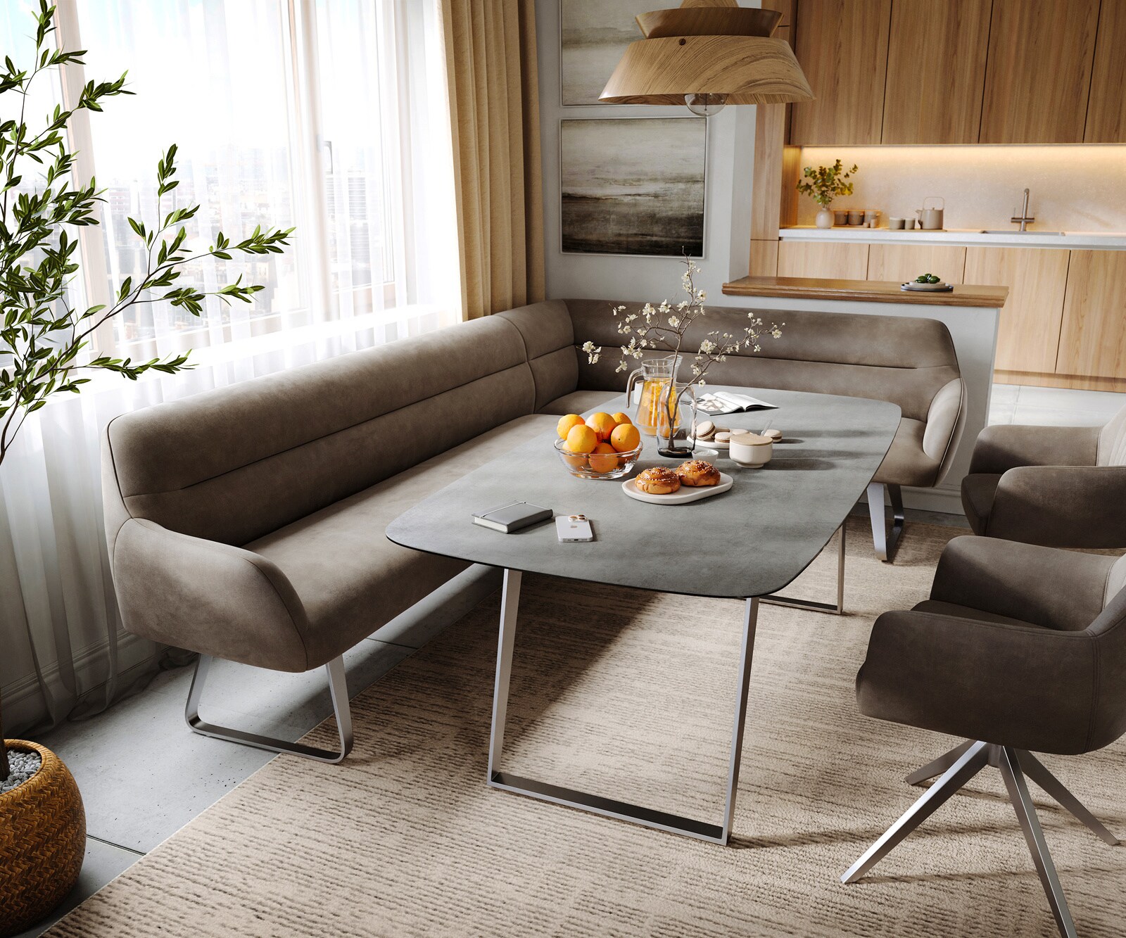 Banc-de-salle-à-manger Taya-Flex 285x190 cm microfibre taupe vintage châssis à patins plat acier inoxydable ressort ensaché liens