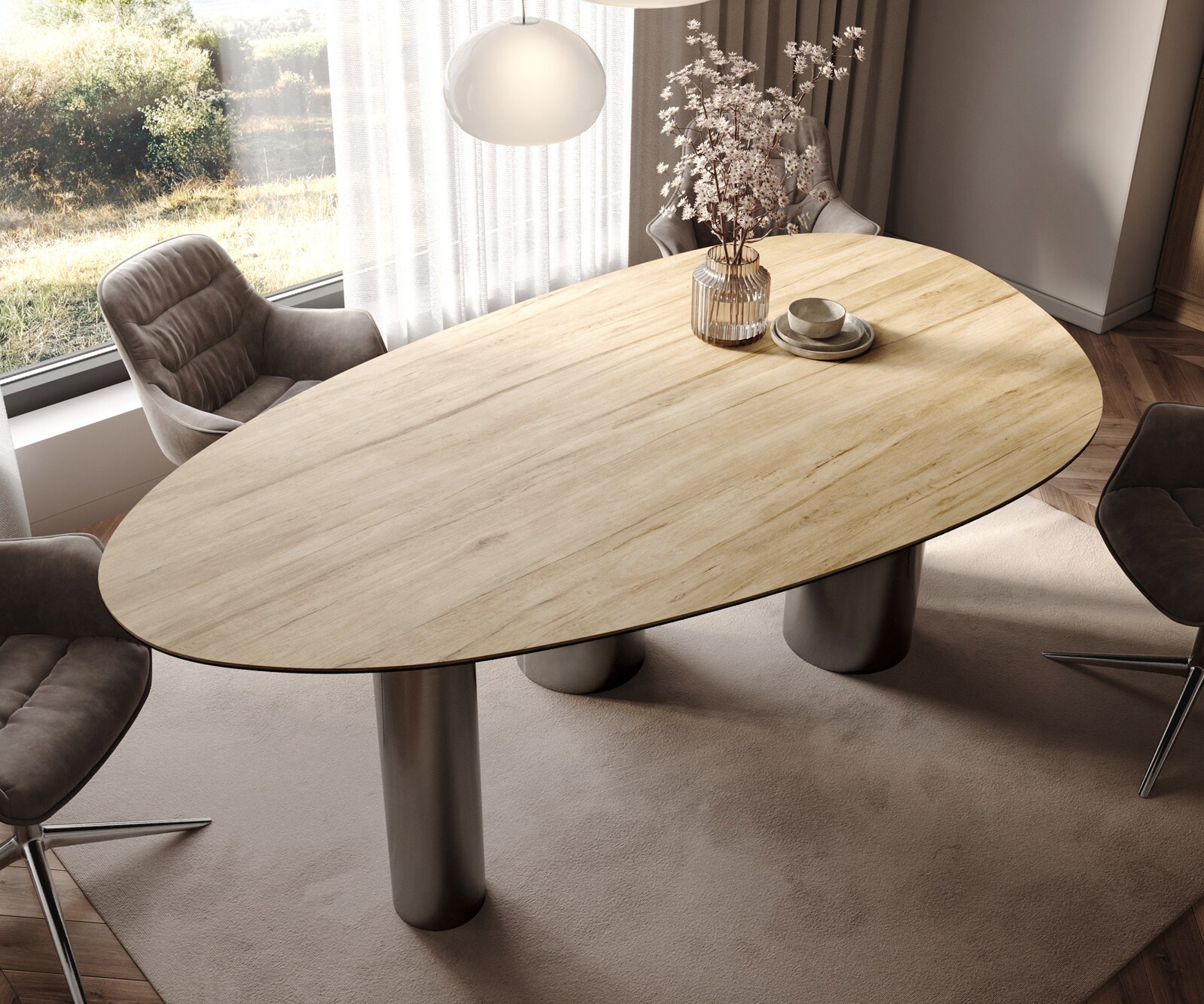 Esstisch Edge Oval 220x120 Keramik Laminam® Sabbia Eichefarbig Pilier Edelstahl Graphit 3