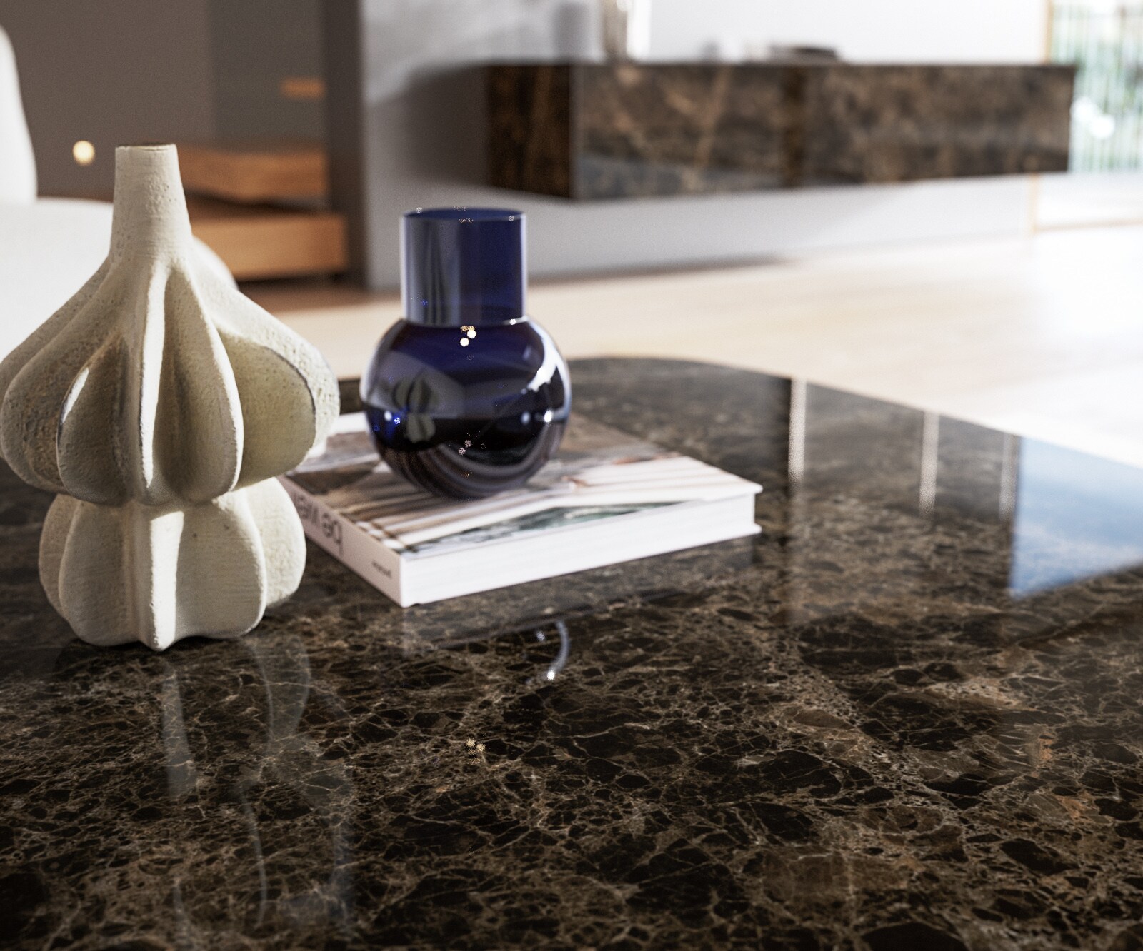Table basse Edge bateau 90x90 cm céramique Emperador Extra Lucidato brun foncé Conis métal noir 7