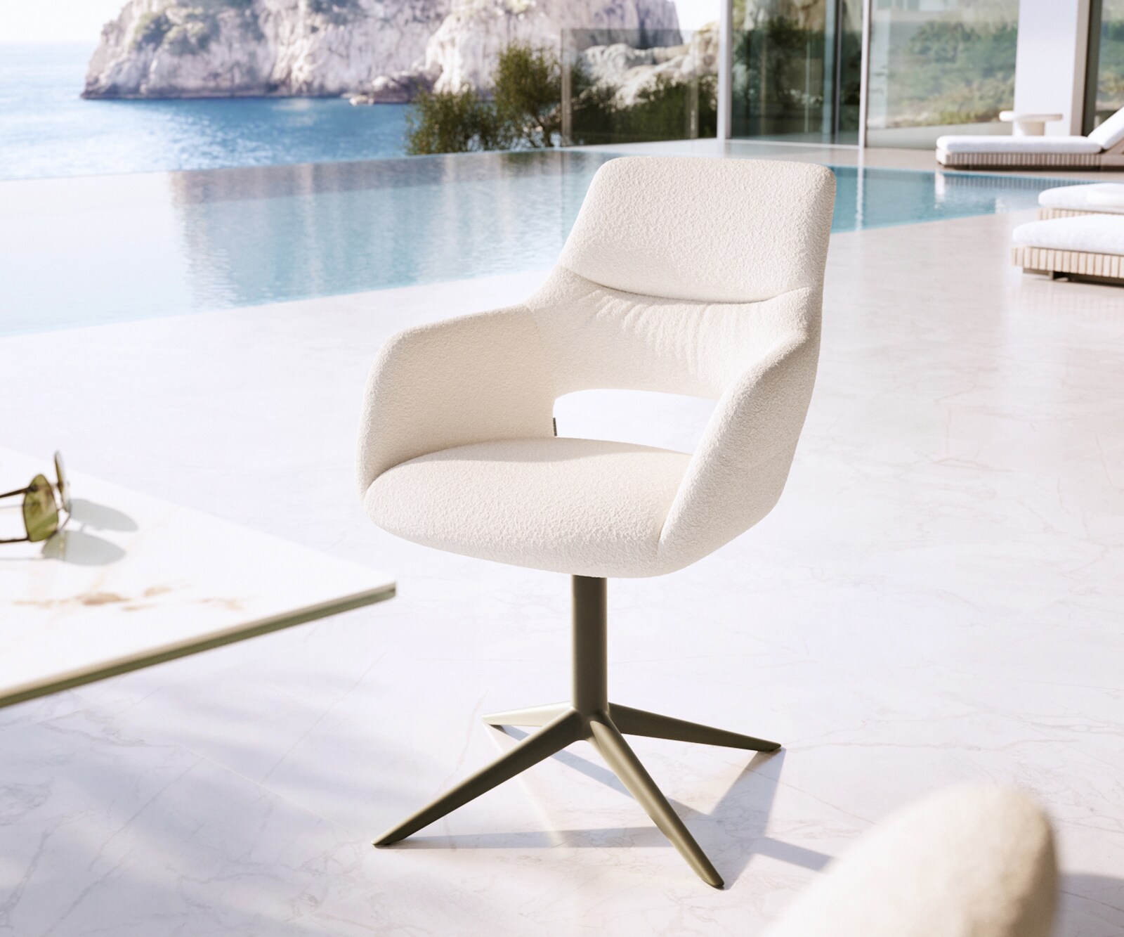 Chaise-d'extérieur Yago-Flex avec accoudoirs bouclé blanc pied de chaise 4 branches aspect titane pivotement sur 360° fonction bascule