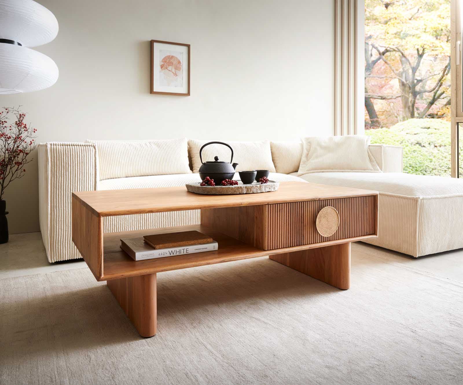 Couchtisch Surimu 115x60 cm Akazie Hellbraun 2 Schubladen Kork-Griff Holzfüße Couchtisch Surimu 115x60 cm Akazie Hellbraun 2 Schubladen Kork-Griff Holzfüße