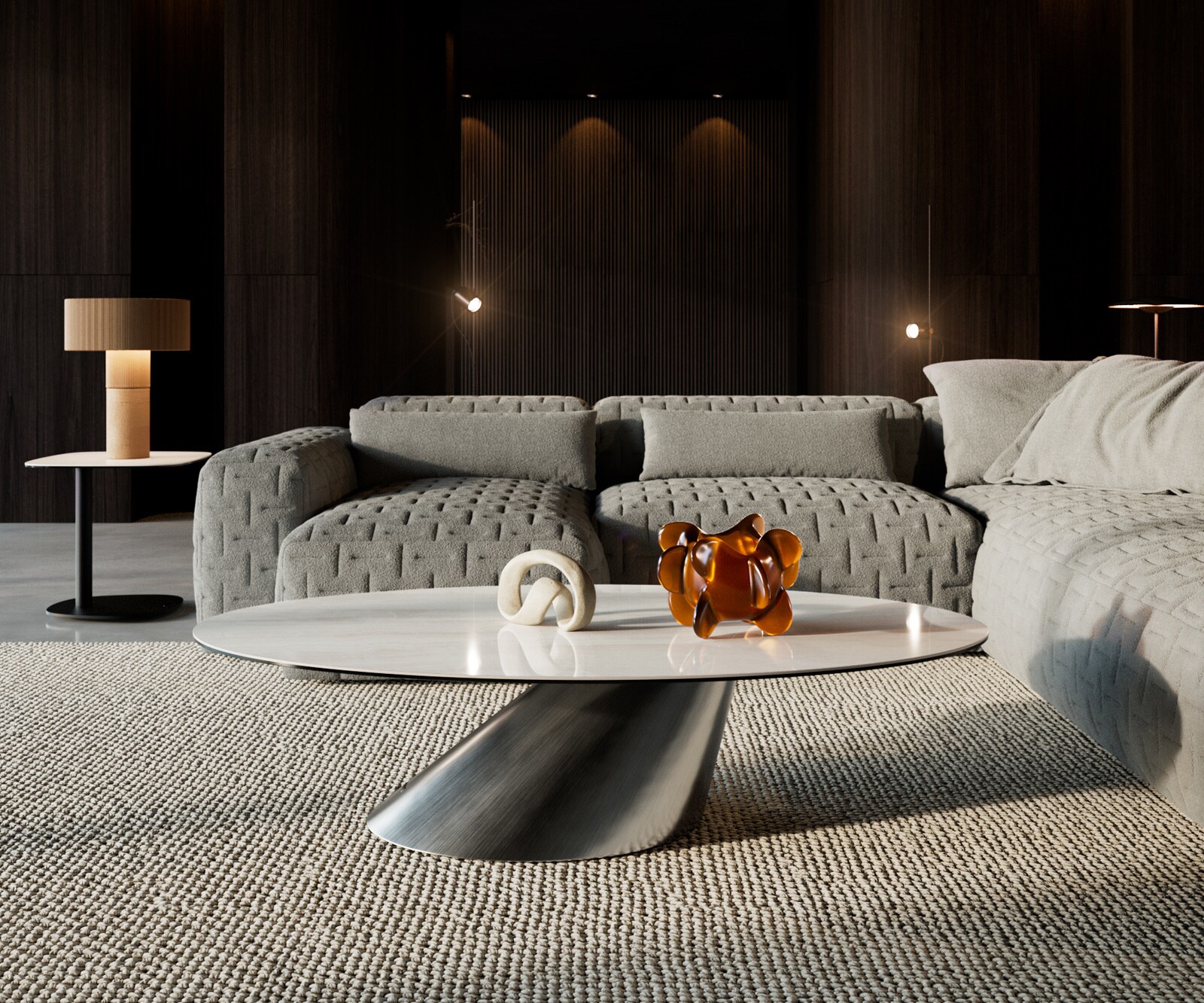 Table basse Edge ovale 140x80 cm céramique Onyx Champagne Conis acier inoxydable brossé 1
