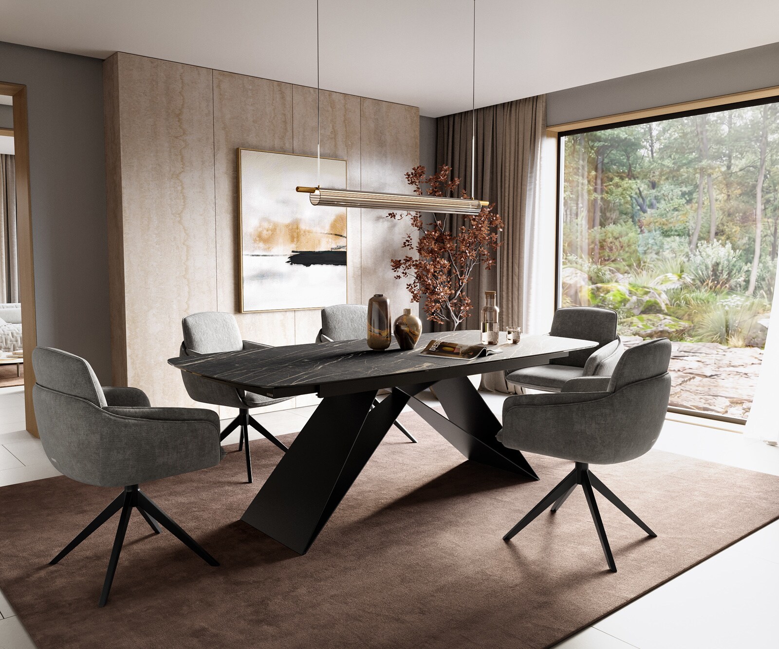 Esstisch Edge Boot 180-220x100 cm Laminam® Keramik Noir Desir Braun V-Gestell Flachstahl Schwarz ausziehbar 5