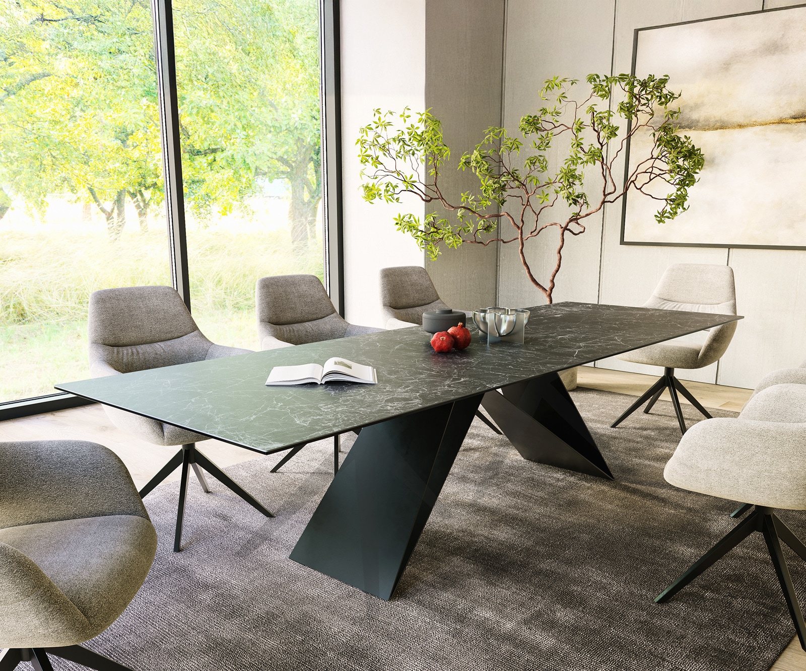 Esszimmertisch Edge Keramik Laminam® Nero Greco Anthrazit 300x100cm V- Mittelfuß Schwarz