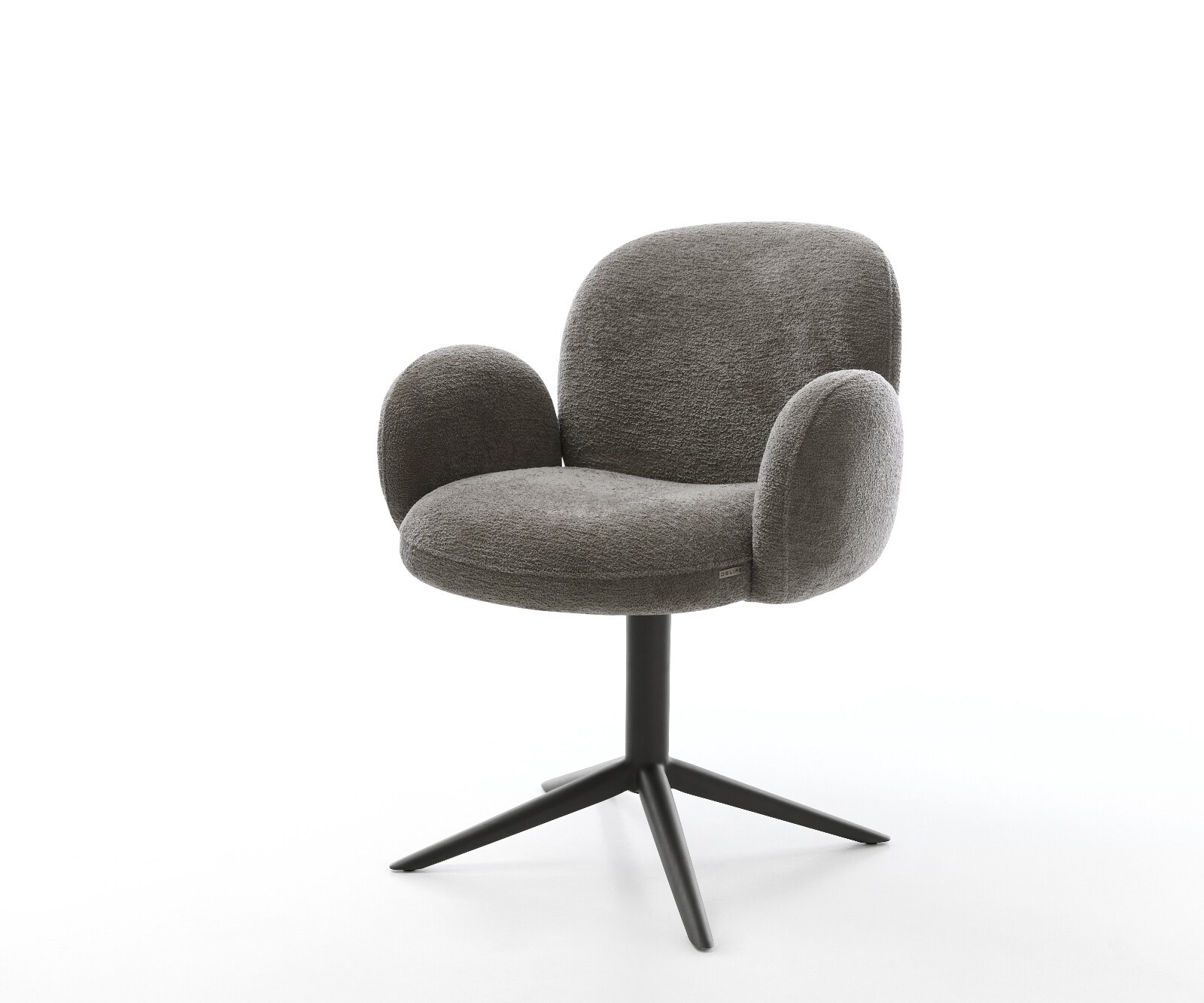 Chaise-pivotante Nube-Flex avec accoudoirs bouclé doux couleur boue pied de chaise 4 branches noir pivotement sur 360° fonction bascule resorts ensachés