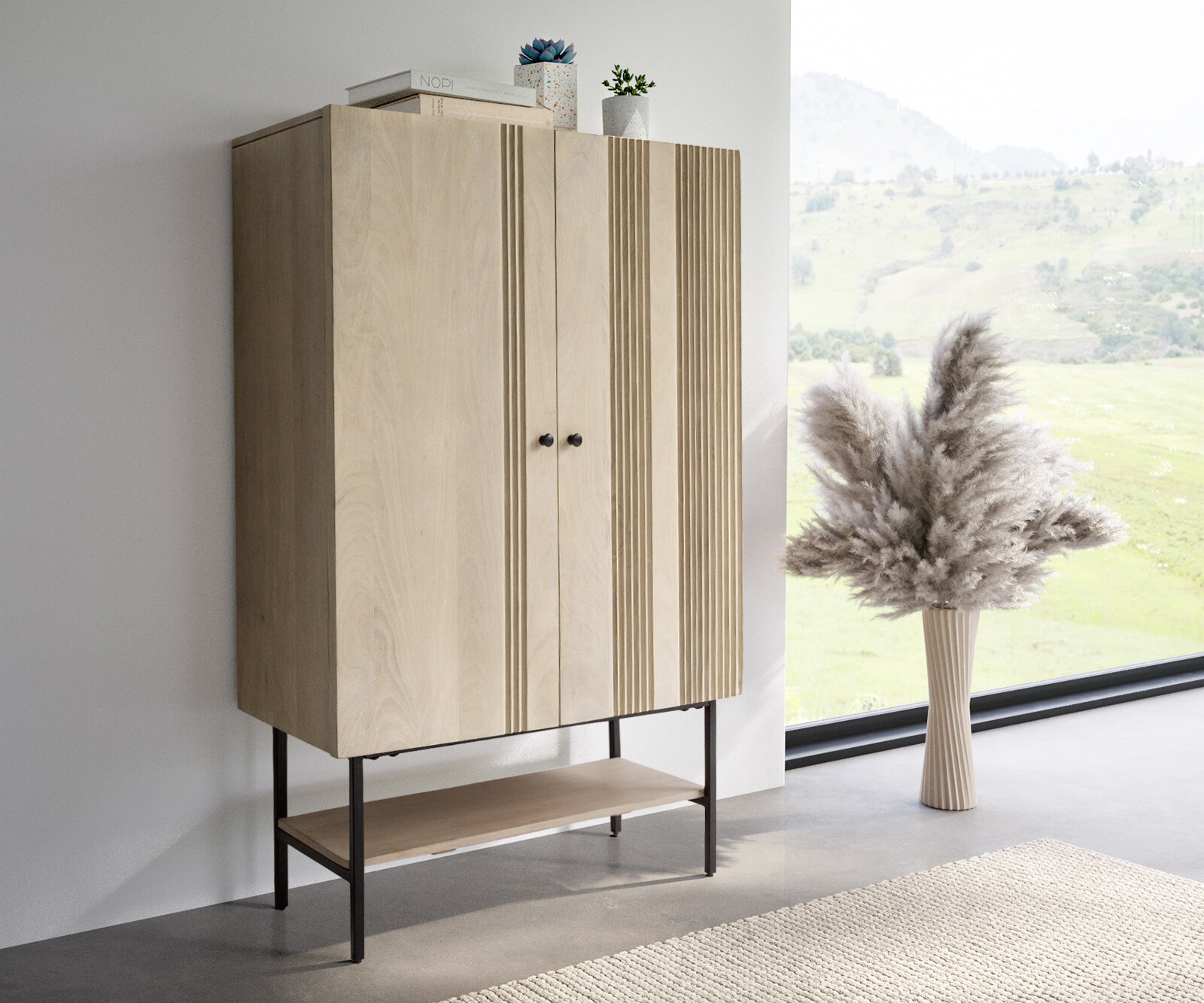Highboard Nestos 90x140 cm Mango White Wash Metall Schwarz 2 Türen 1