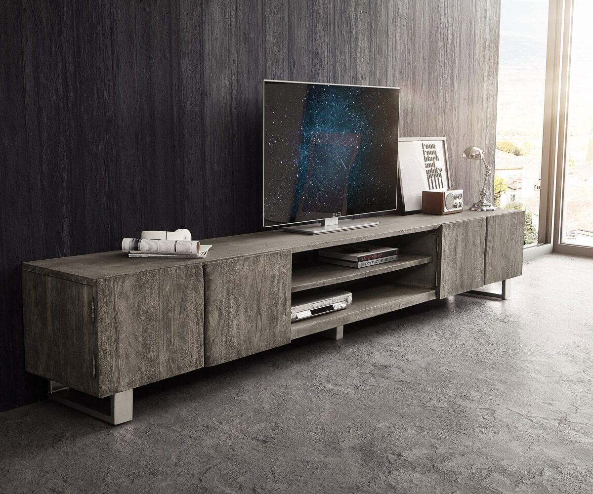 Meuble-TV Live-Edge 300 cm acacia platine 4 portes 2 compartiments