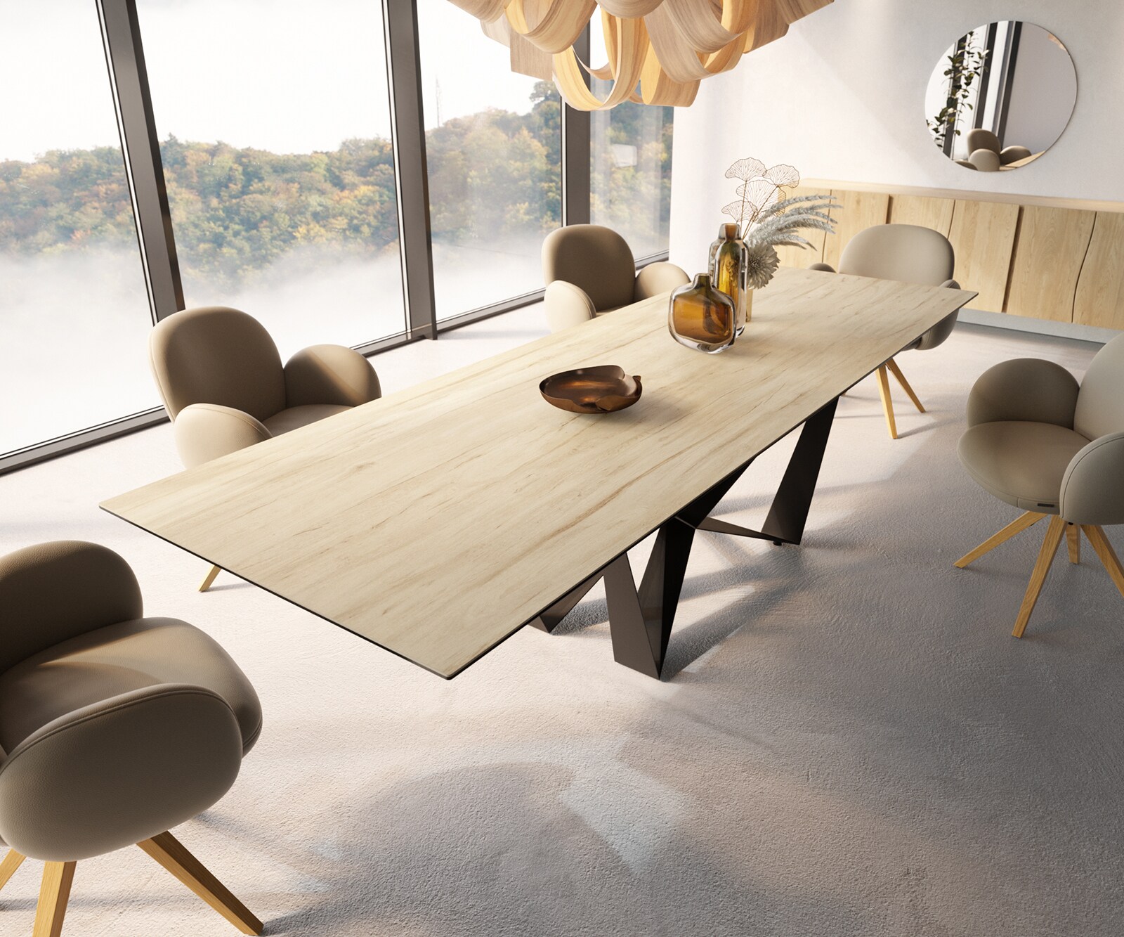 Esstisch Edge 300x100 Keramik Laminam® Sabbia Eichefarbig Spider Flachstahl Schwarz 4