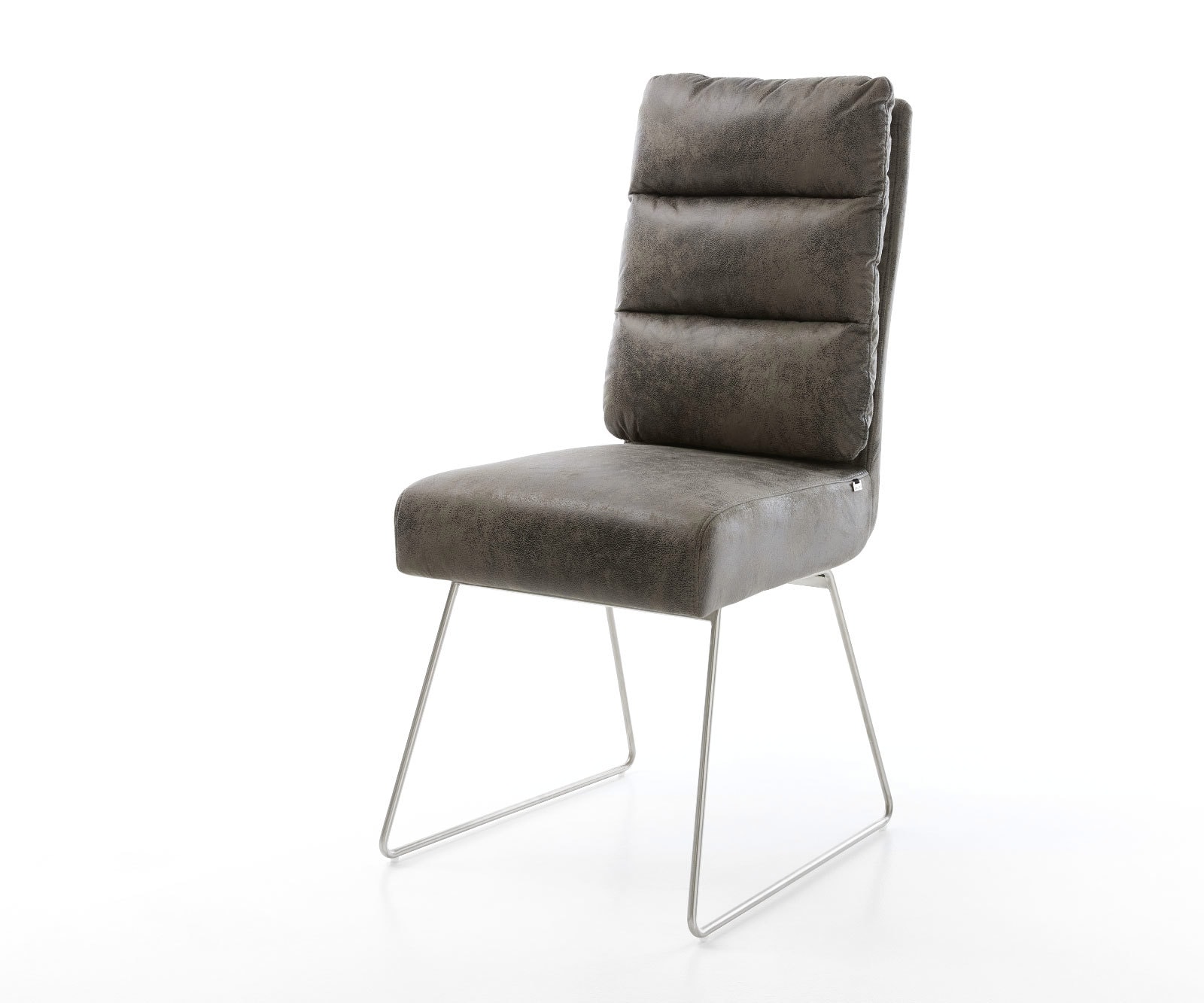 Chaise-de-salle-à-manger Pela-Flex microvelours gris antique pied trapèze acier inoxydable brossé ressorts ensachés Chaise-de-salle-à-manger Pela-Flex microvelours gris antique pied trapèze acier inoxydable brossé ressorts ensachés