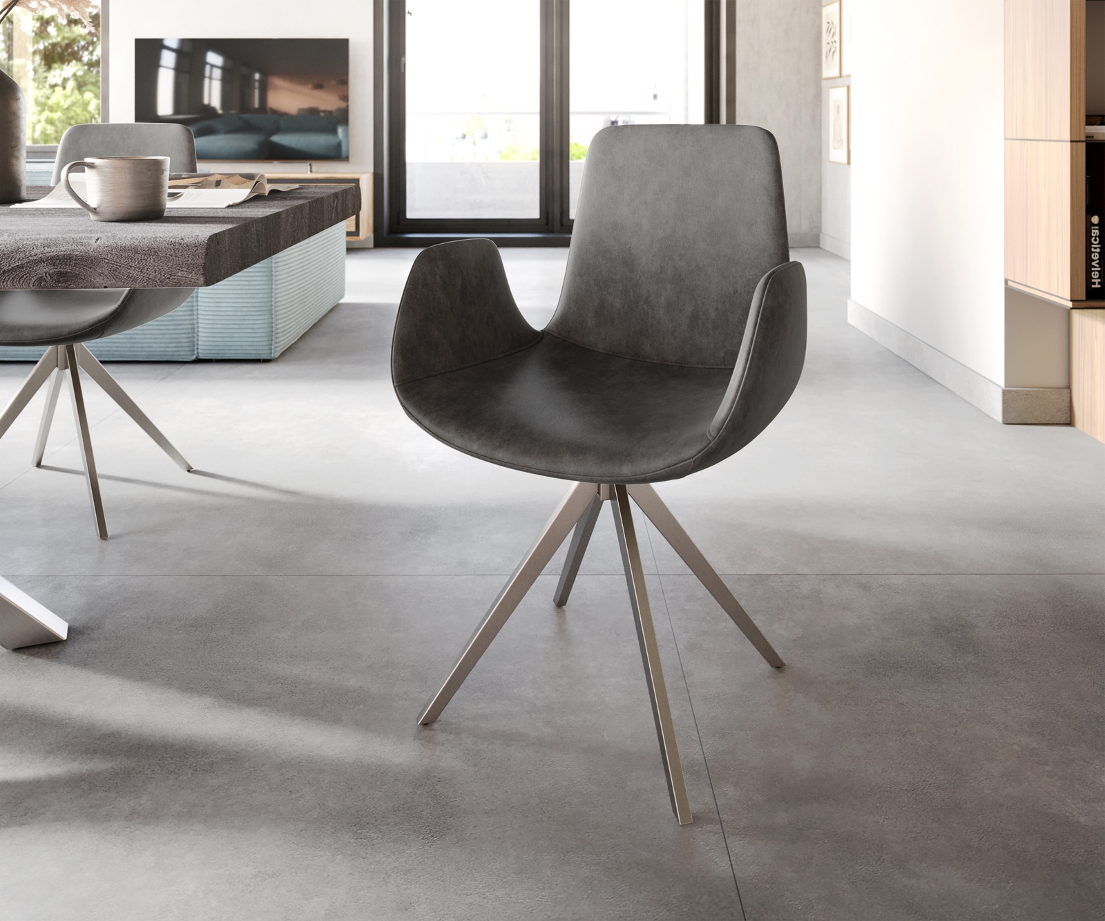 Esszimmerstuhl Ilia-Flex mit Armlehnen Mikrofaser Anthrazit Vintage Kreuzgestell kantig Edelstahl Esszimmerstuhl Ilia-Flex mit Armlehnen Mikrofaser Anthrazit Vintage Kreuzgestell kantig Edelstahl
