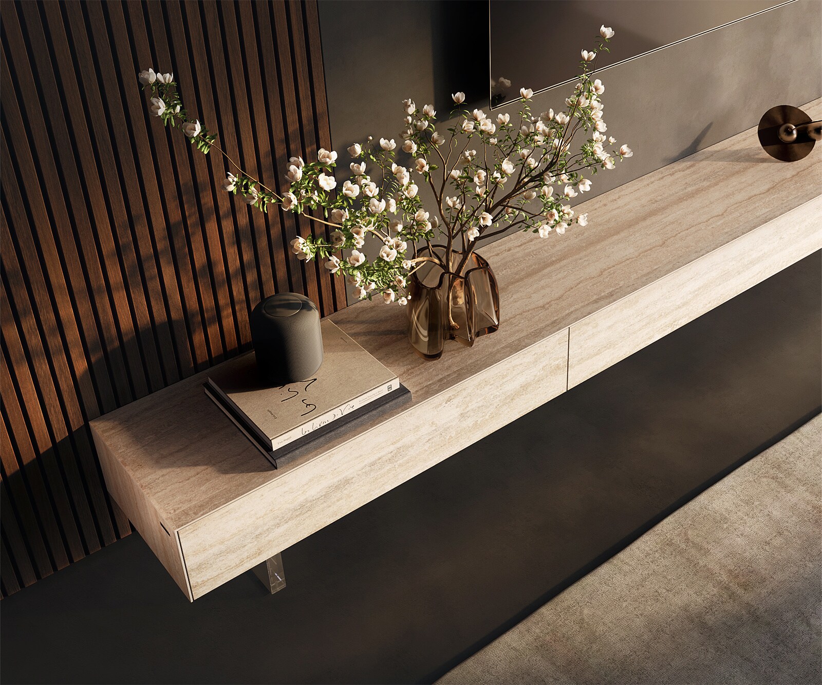 Lowboard Cuor 250 cm Keramik Laminam® Travertino Bianco Creme-Weiß 1 Klappe 1 Schubfach Fuß Schwebeoptik Acrylglas 3